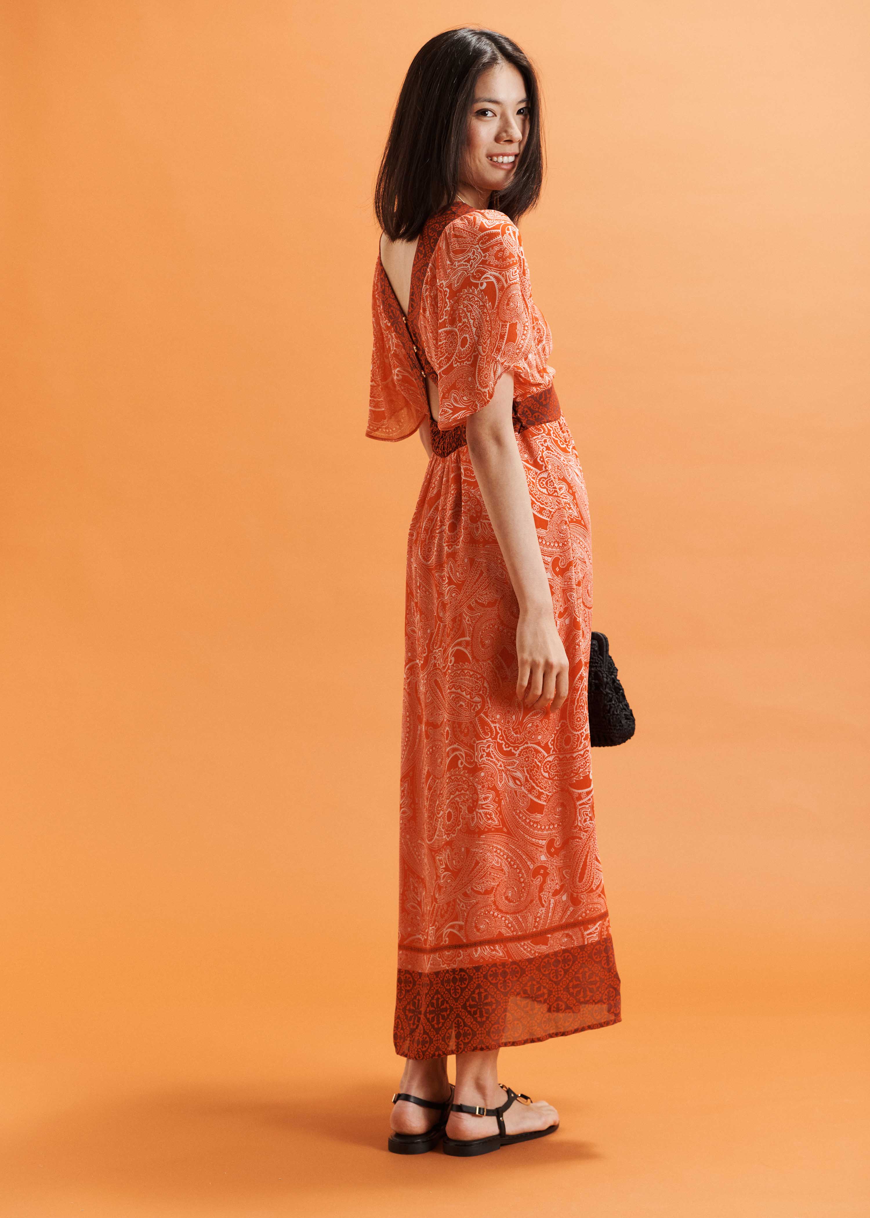 Long orange voile dress with print