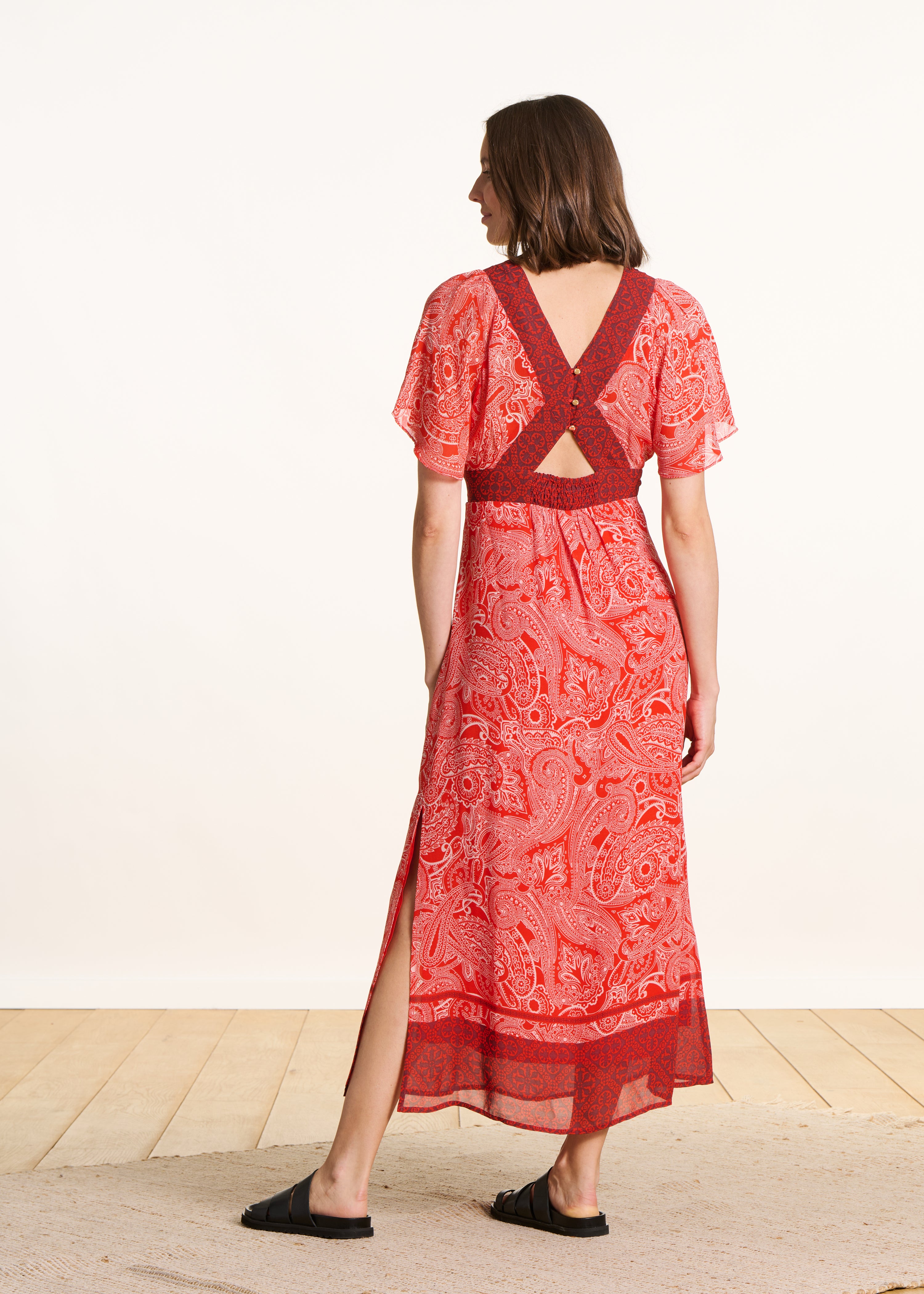 Long orange voile dress with print