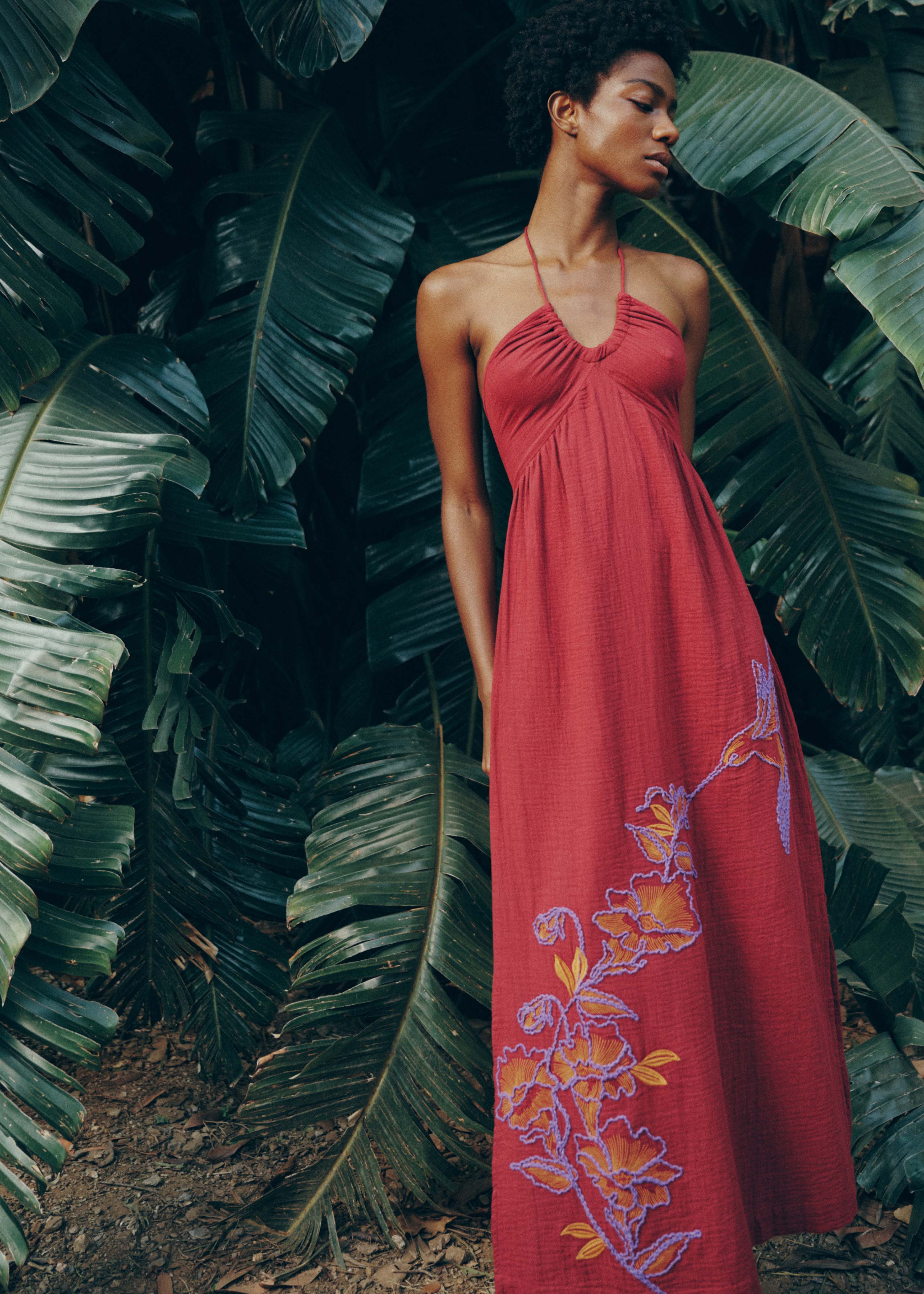 Abito lungo bustier in garza di cotone marrone ricamato