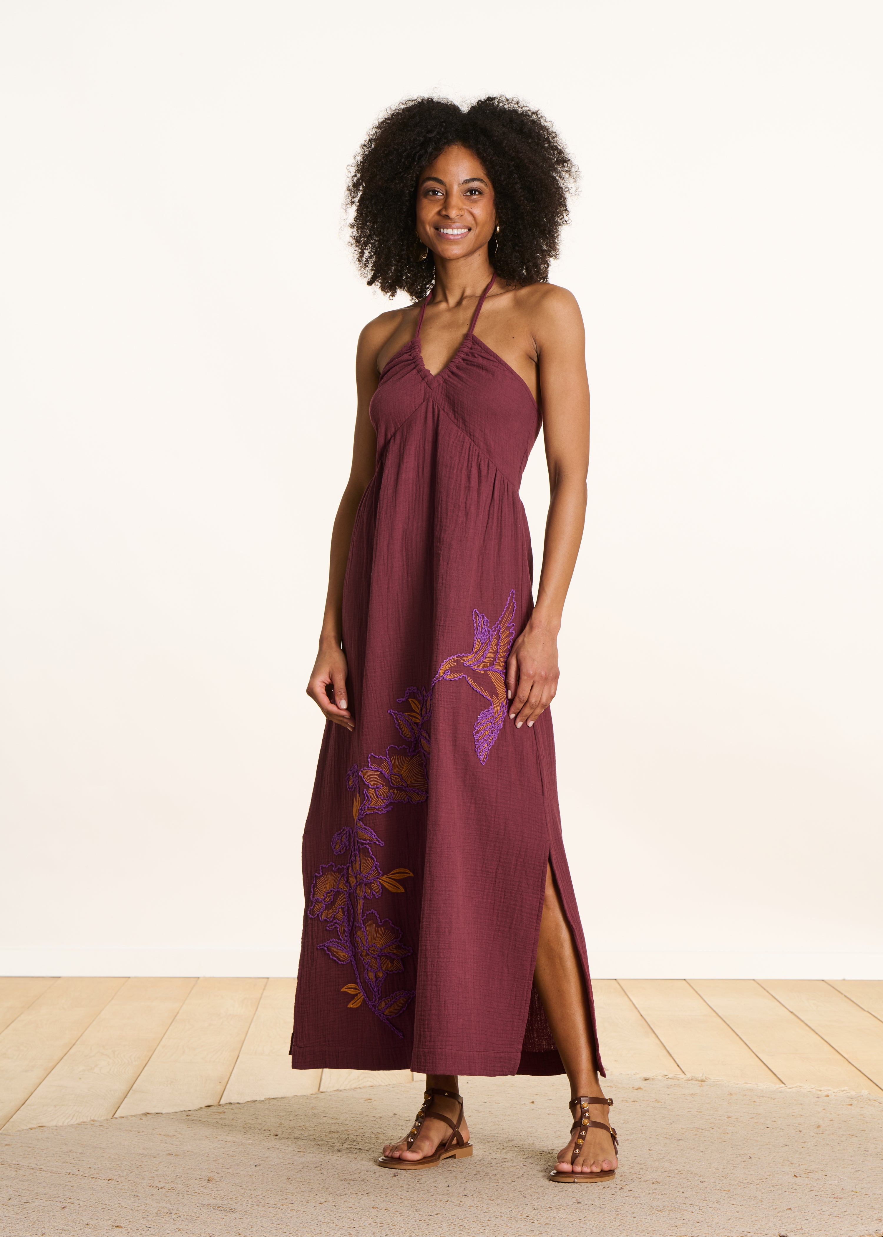 Abito lungo bustier in garza di cotone marrone ricamato