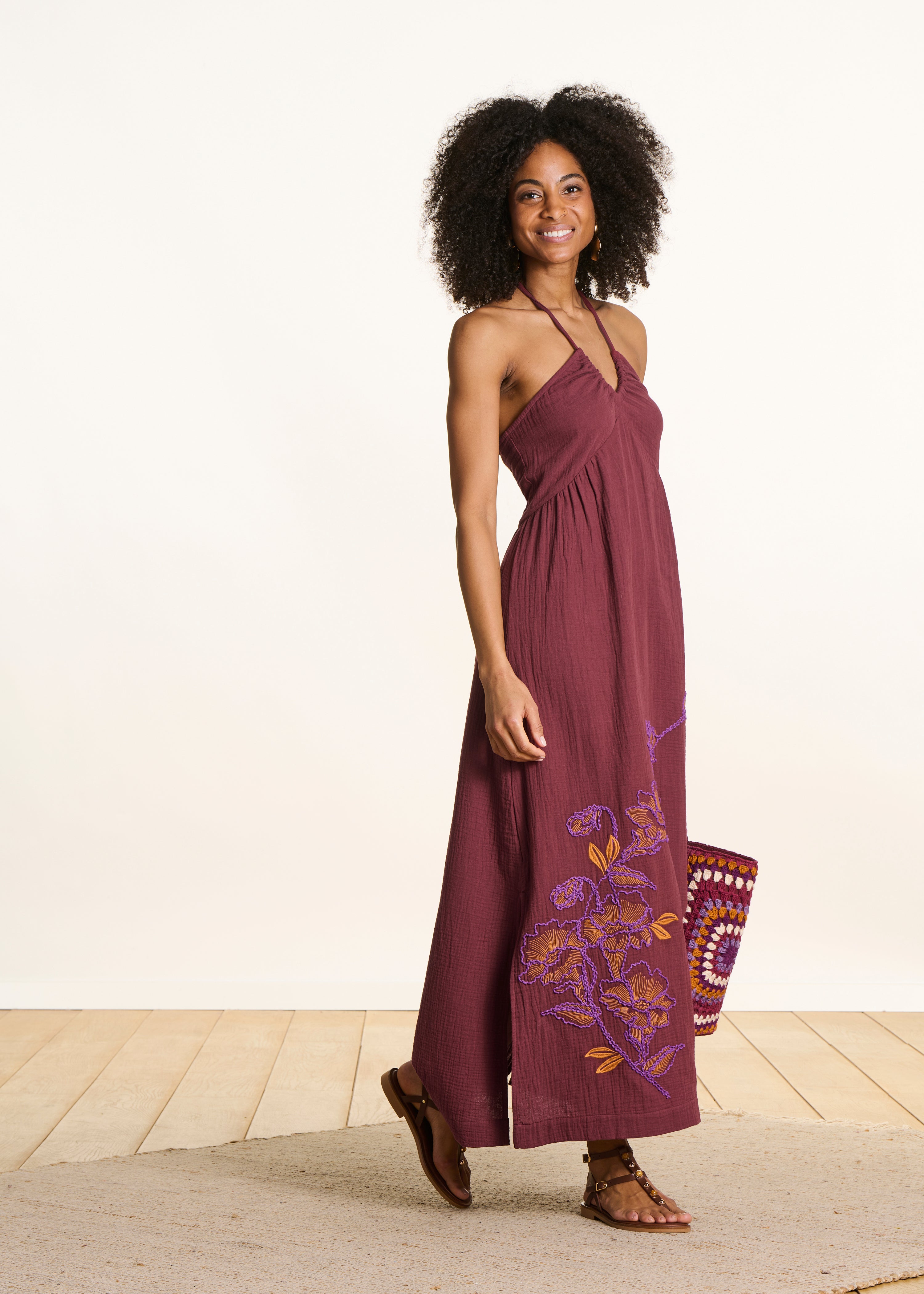 Abito lungo bustier in garza di cotone marrone ricamato
