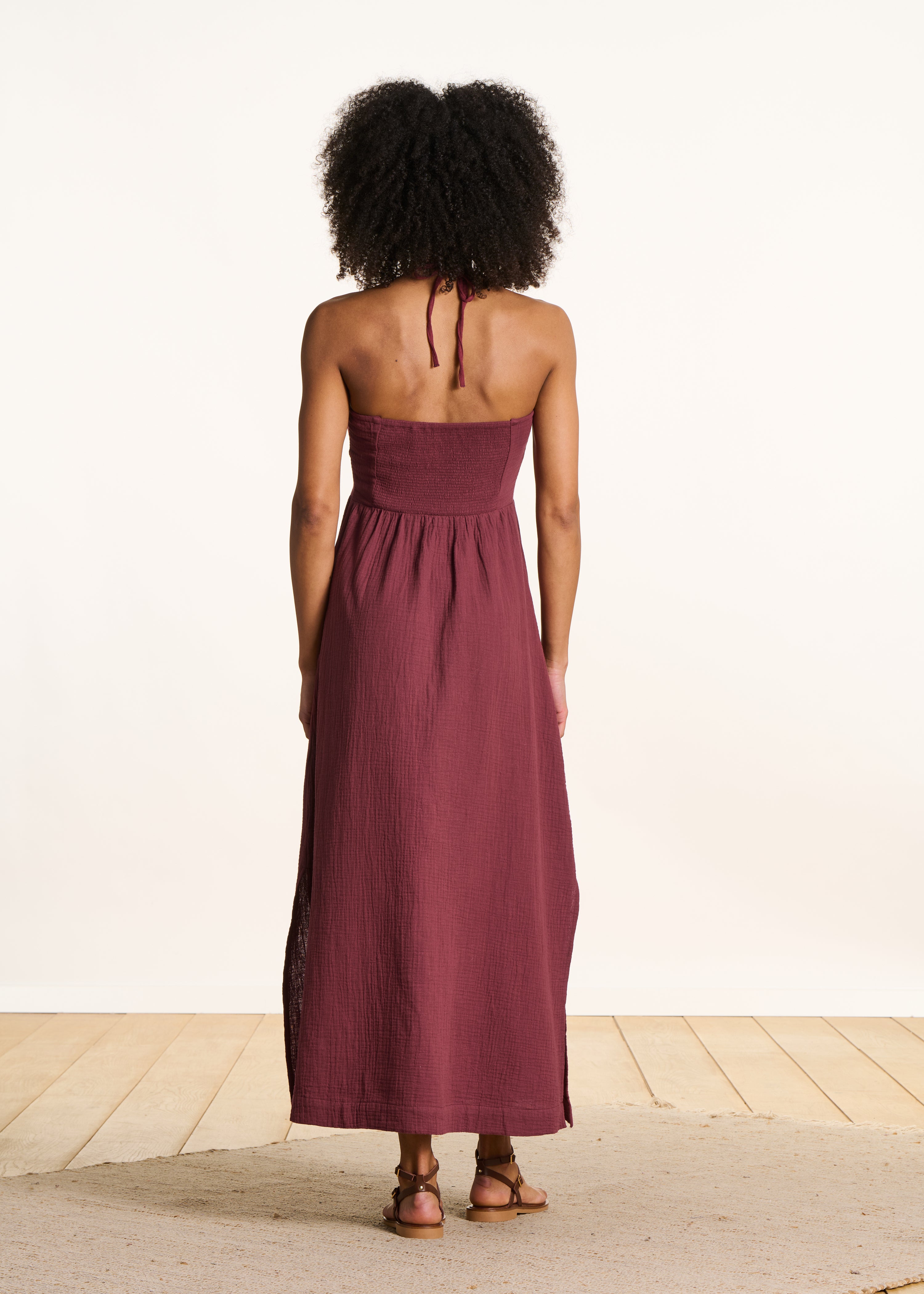 Abito lungo bustier in garza di cotone marrone ricamato