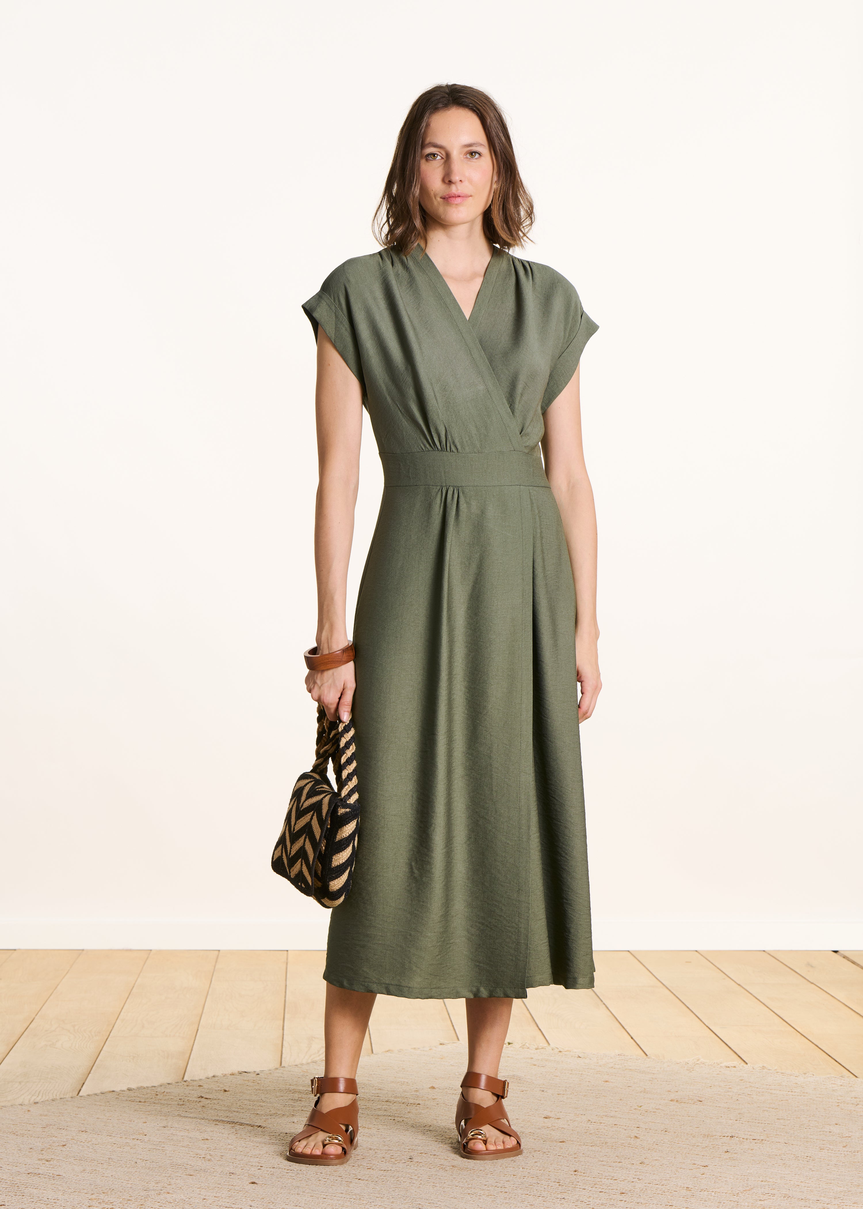 Fitted long khaki wrap dress