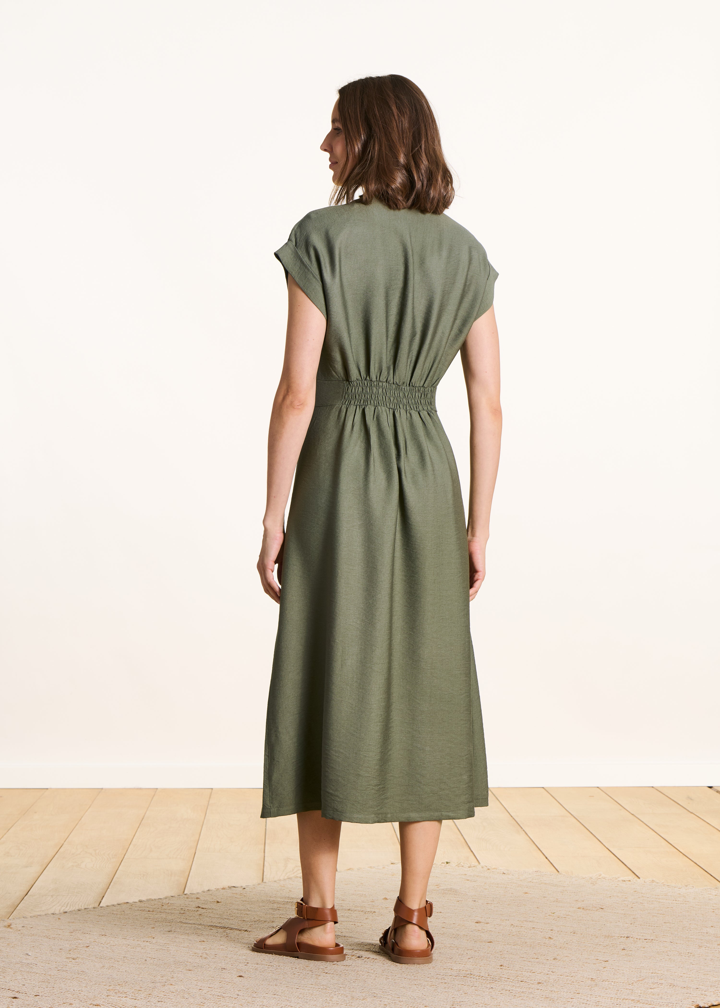 Fitted long khaki wrap dress