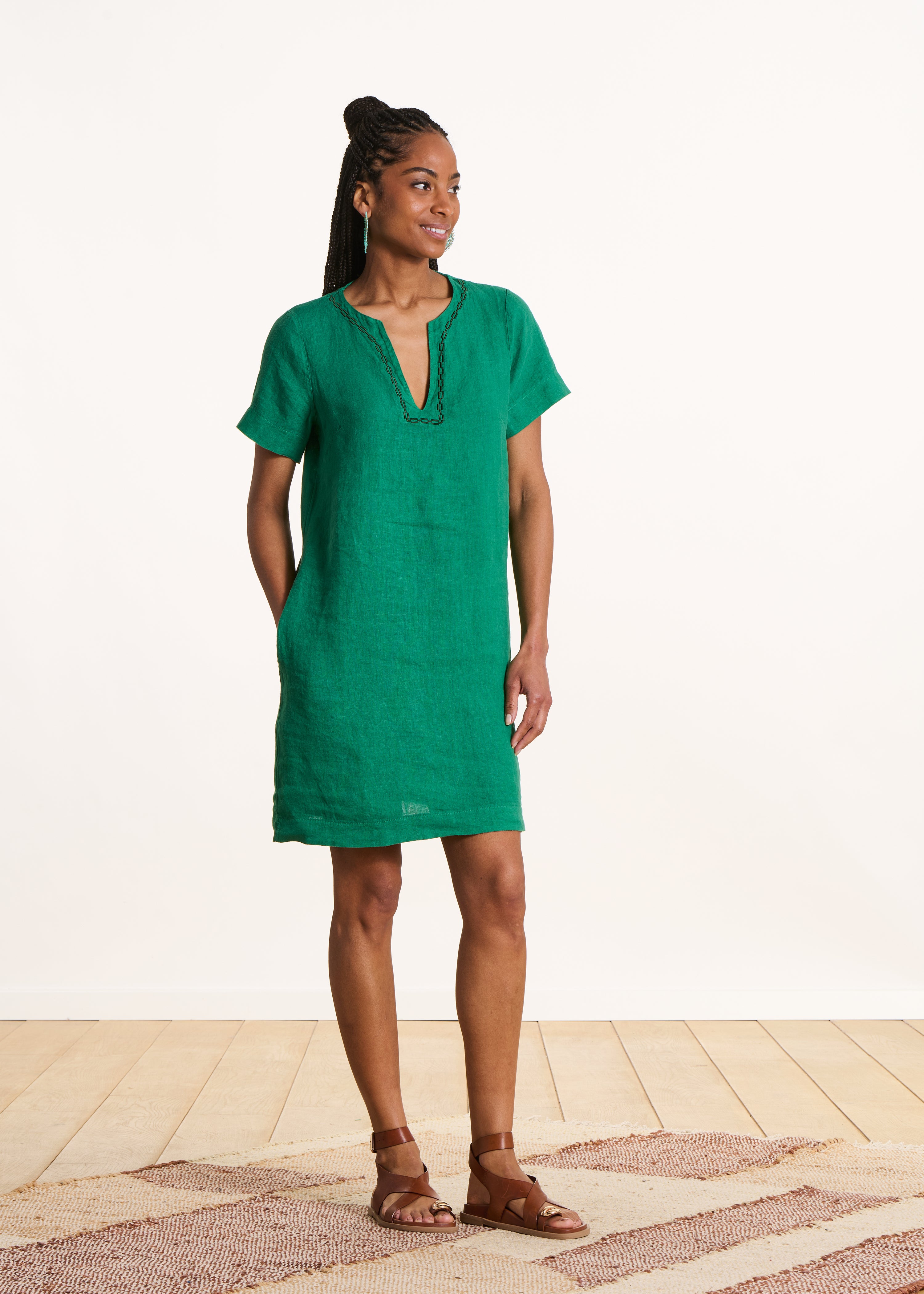 Green straight short linen dress