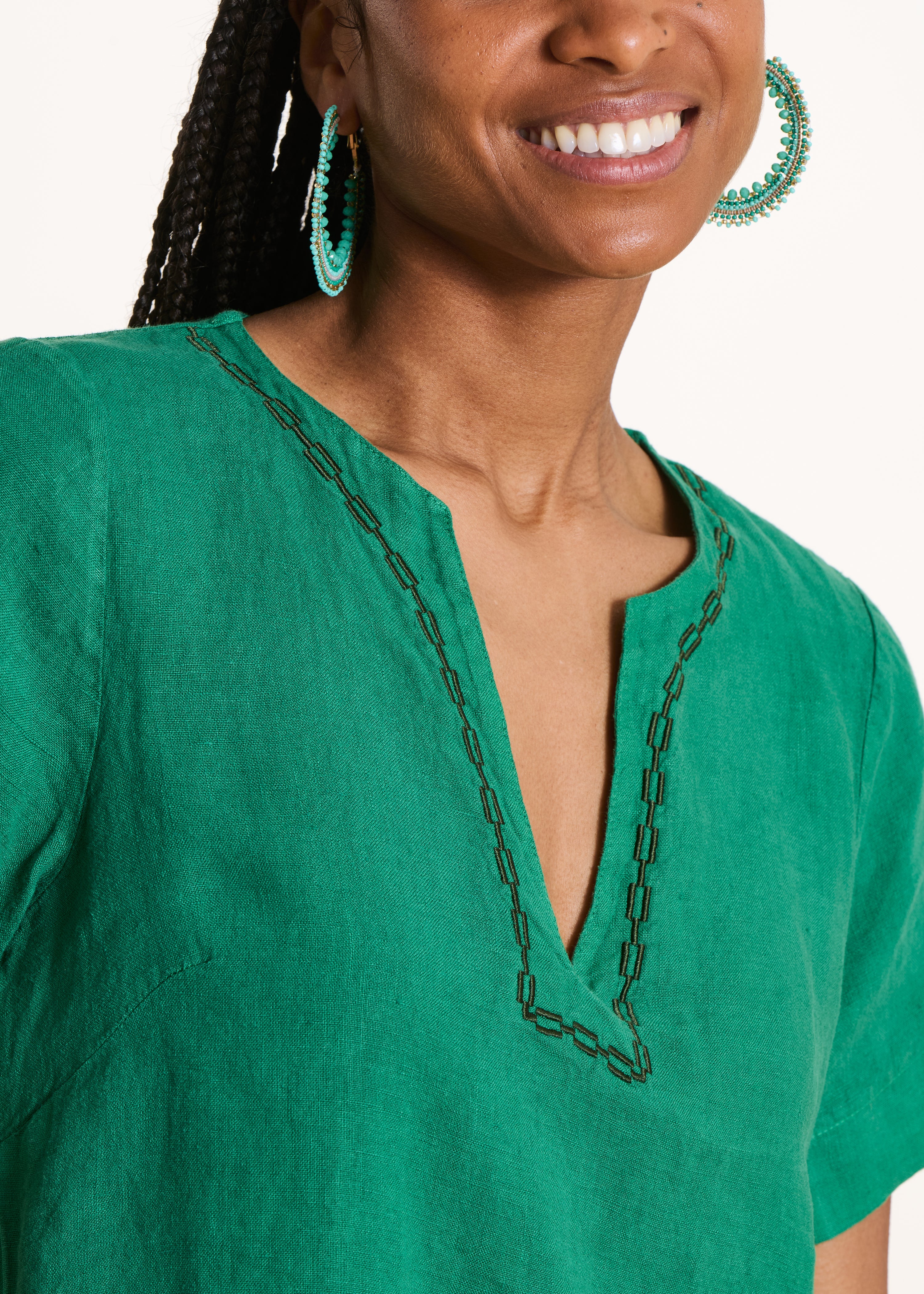 Green straight short linen dress