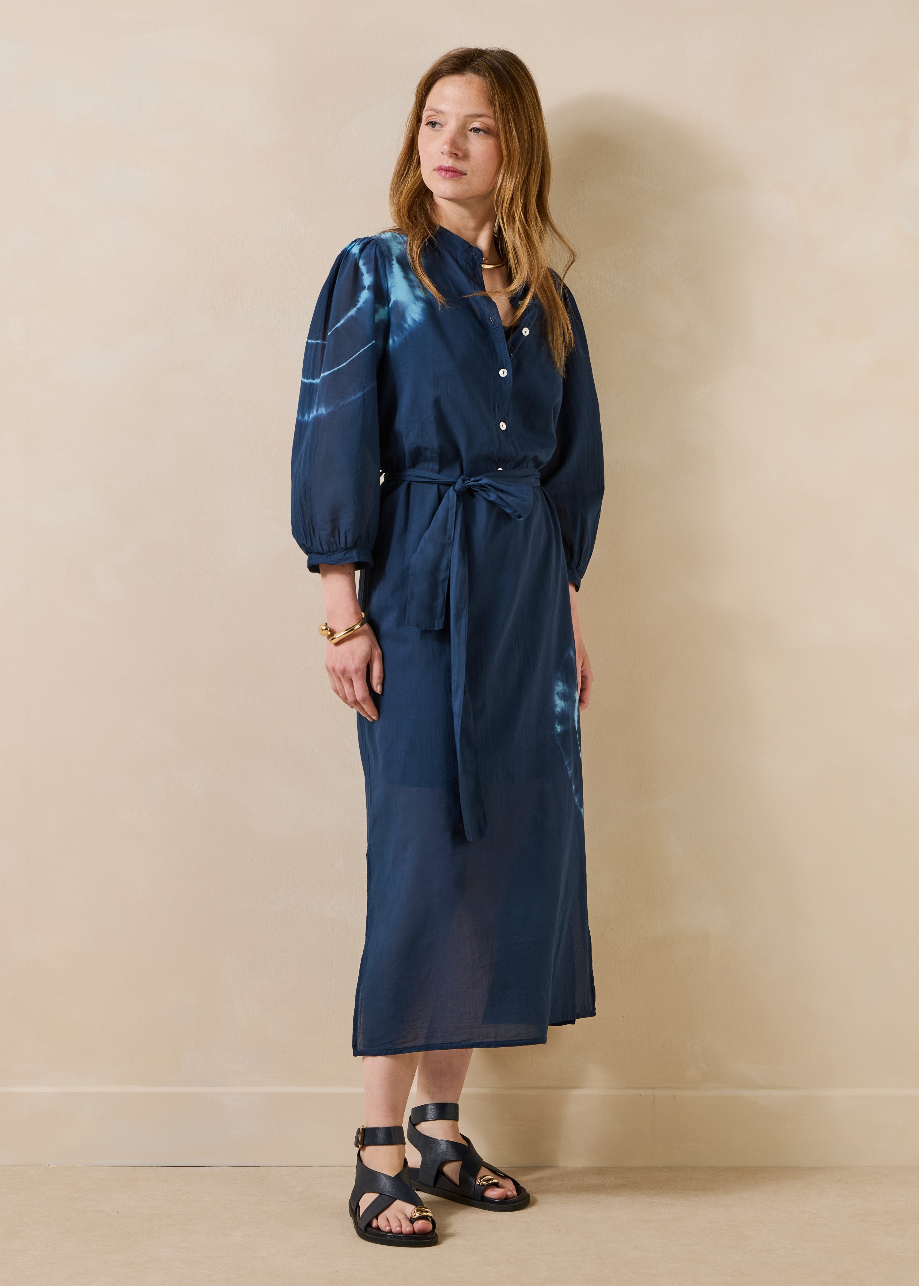 Dark blue tie-dye printed cotton voile midi dress