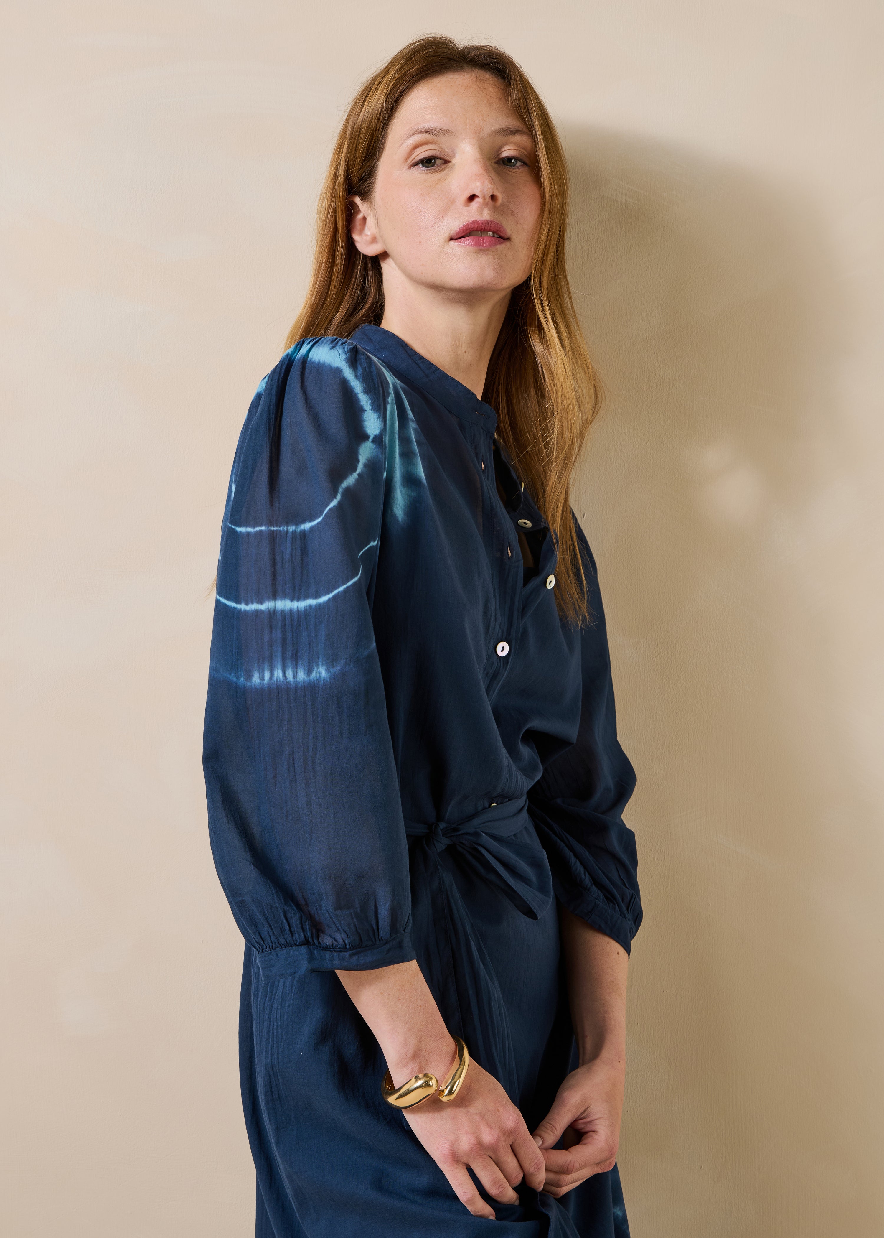 Dark blue tie-dye printed cotton voile midi dress