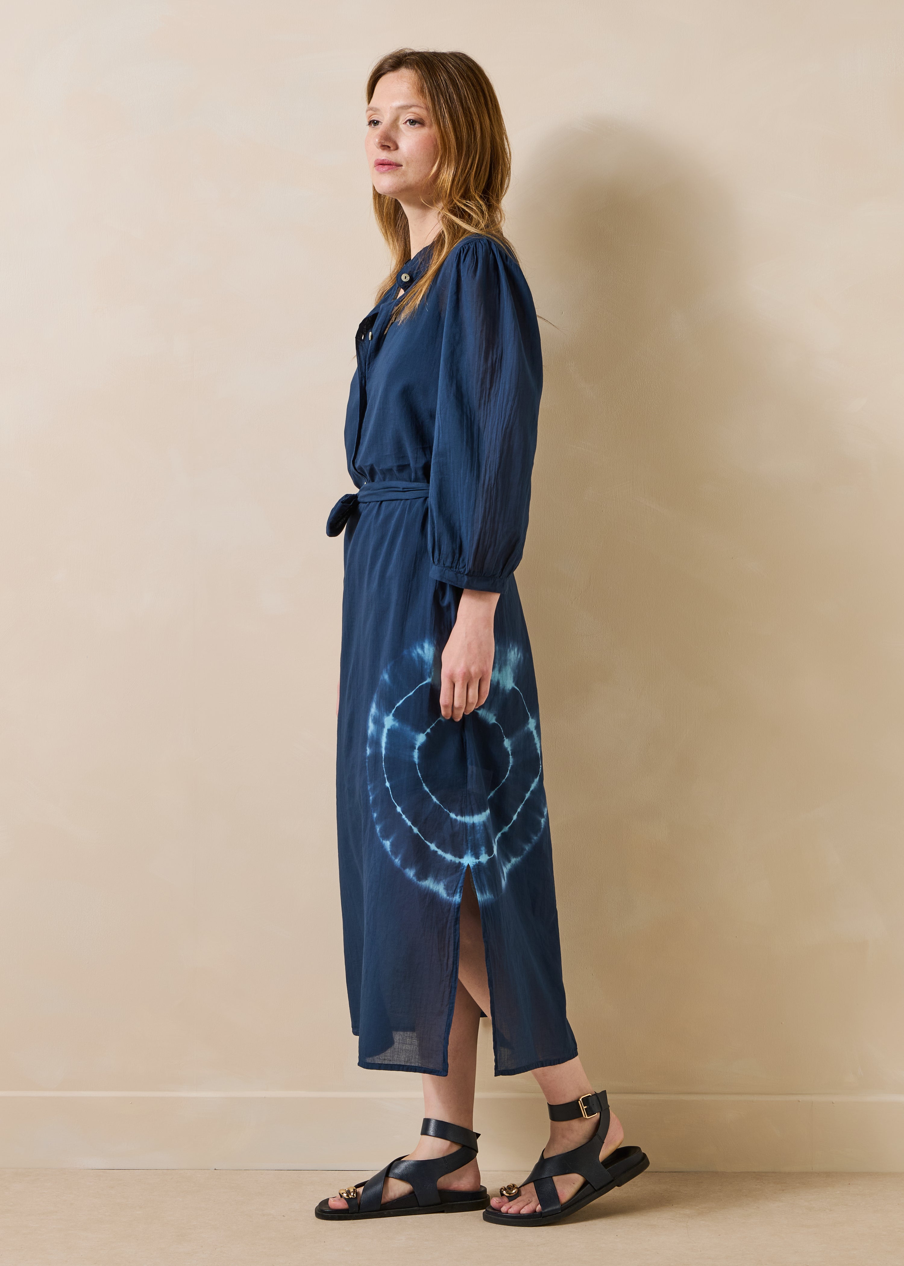 Dark blue tie-dye printed cotton voile midi dress