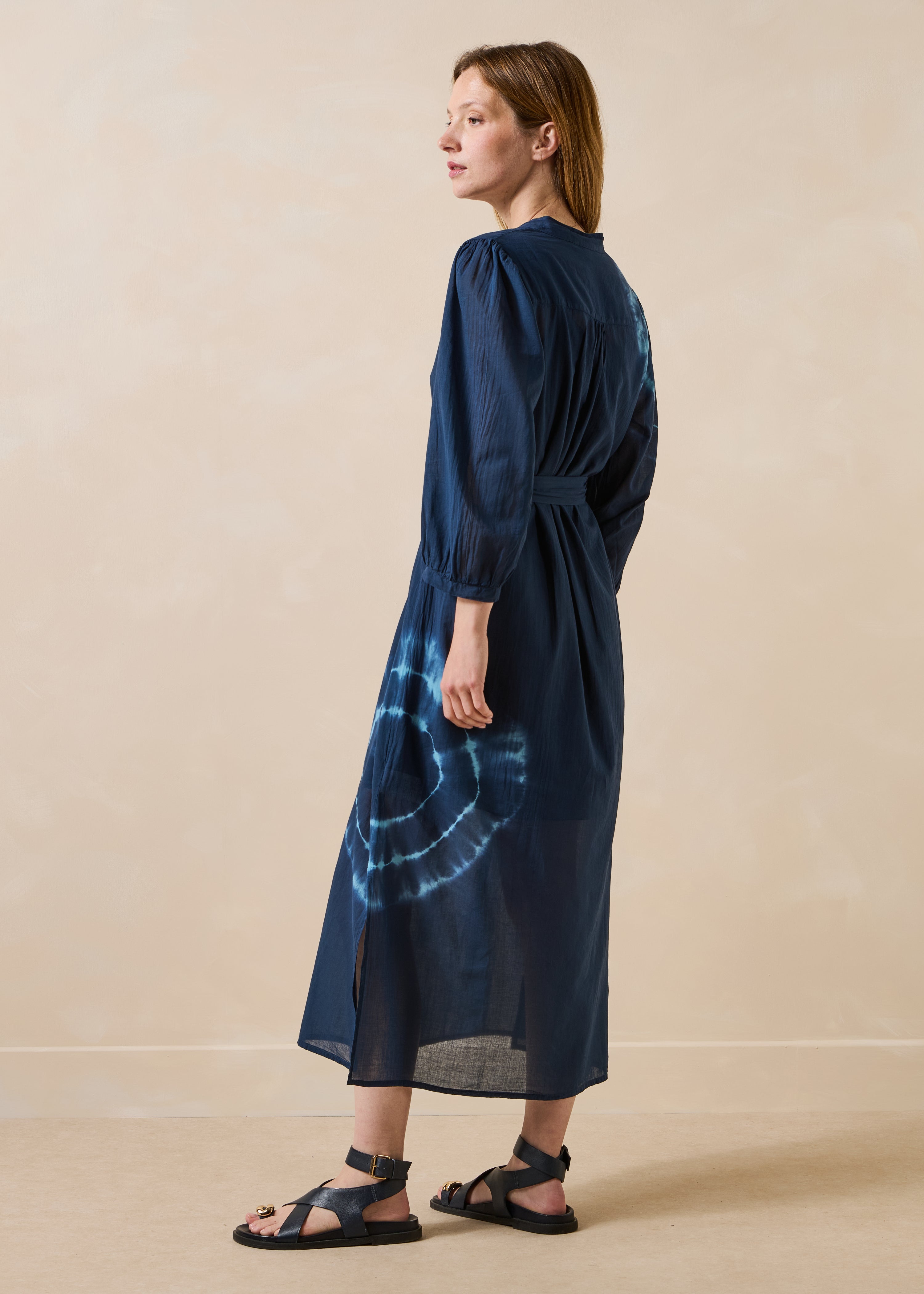 Dark blue tie-dye printed cotton voile midi dress