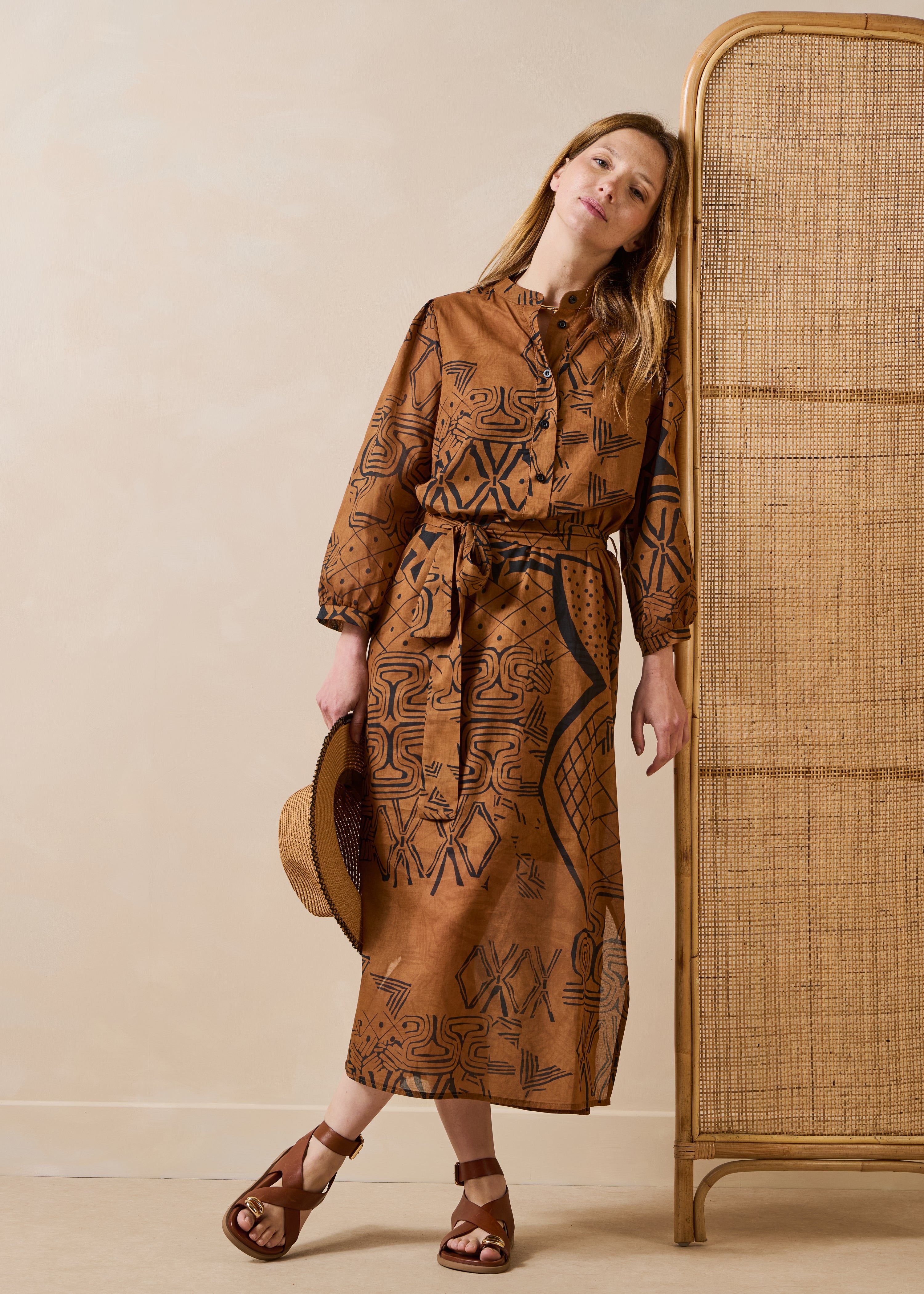 Brown printed cotton voile midi dress