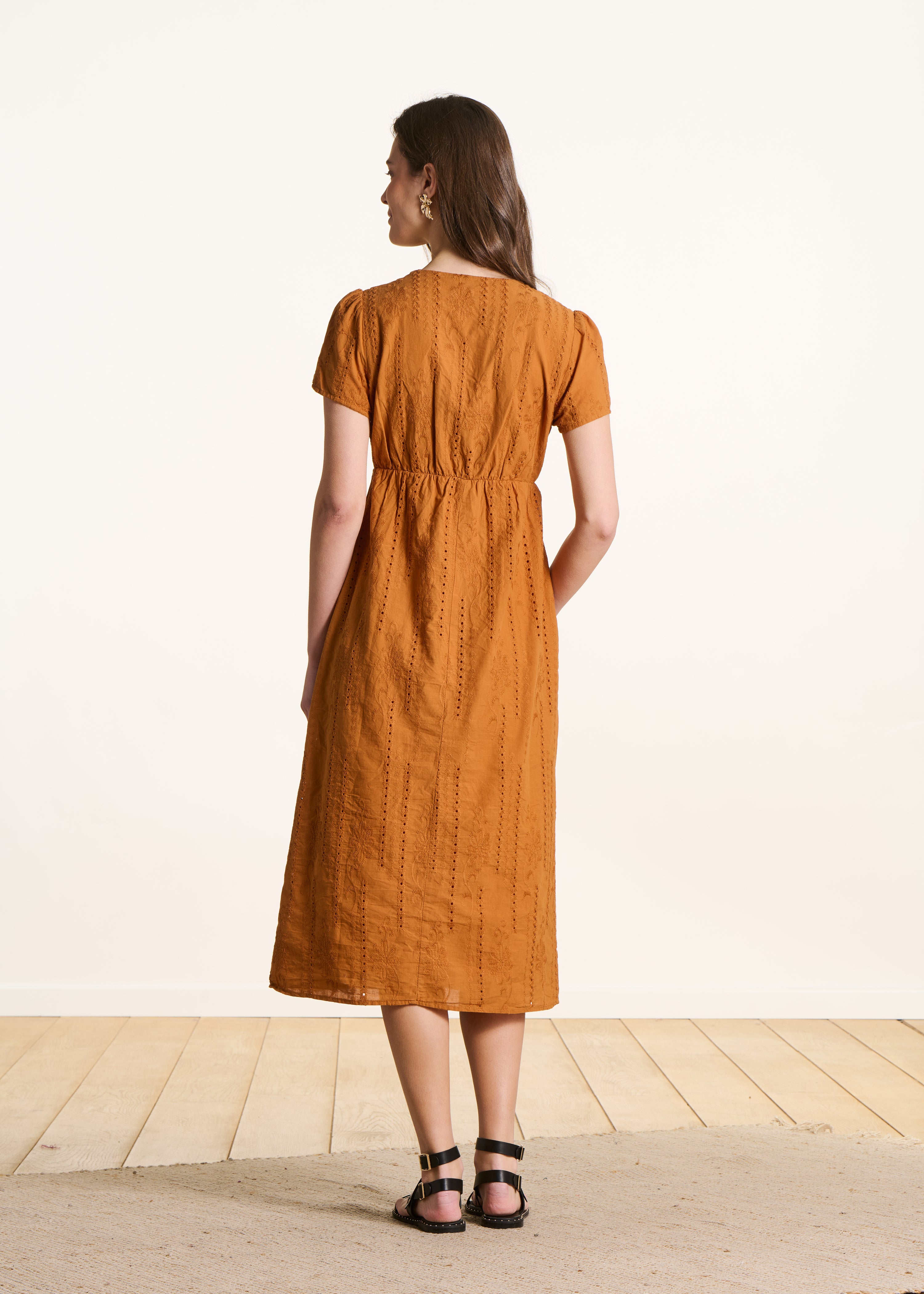 Ochre midi dress in broderie anglaise