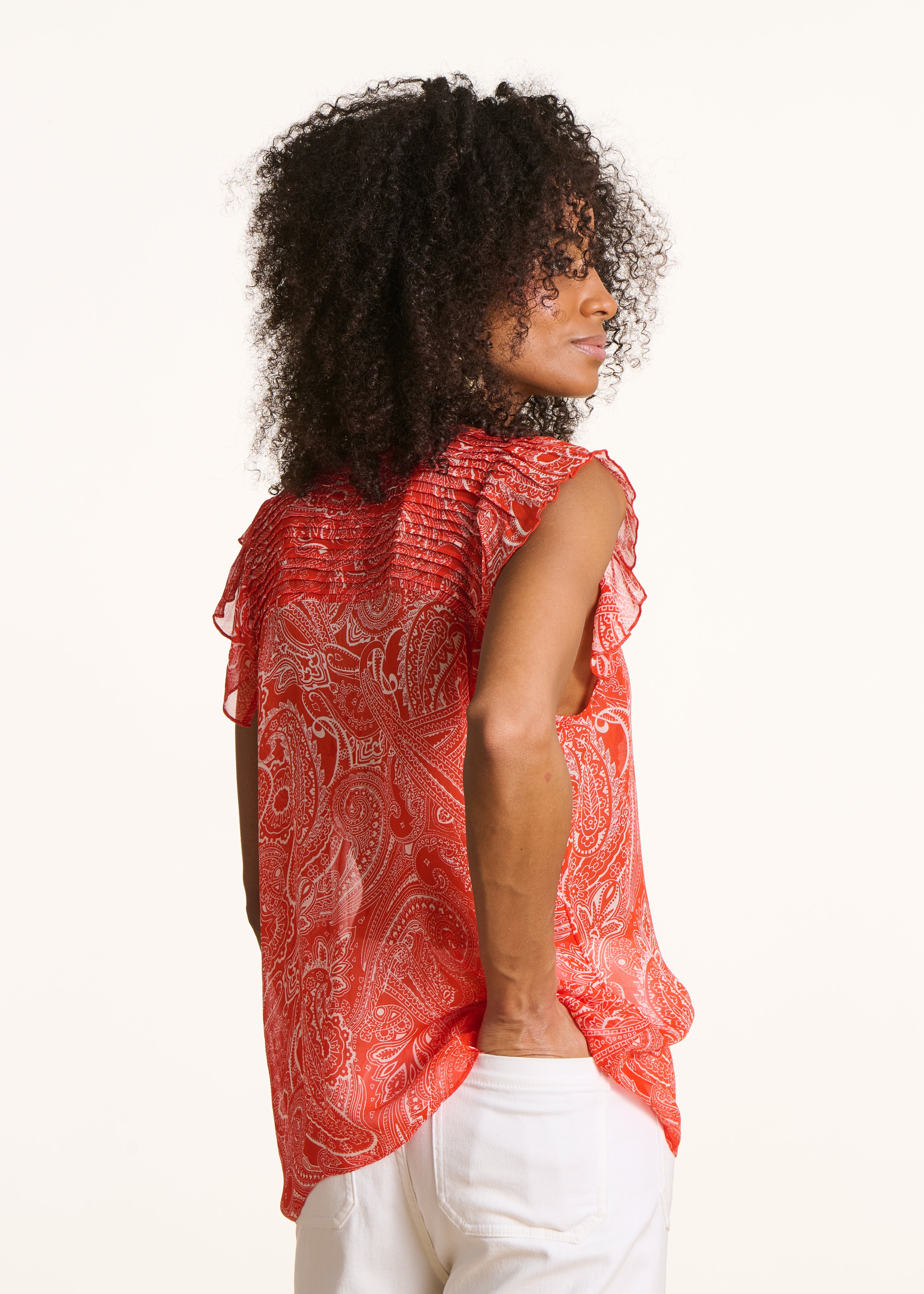 Top sans manches en voile orange à imprimé