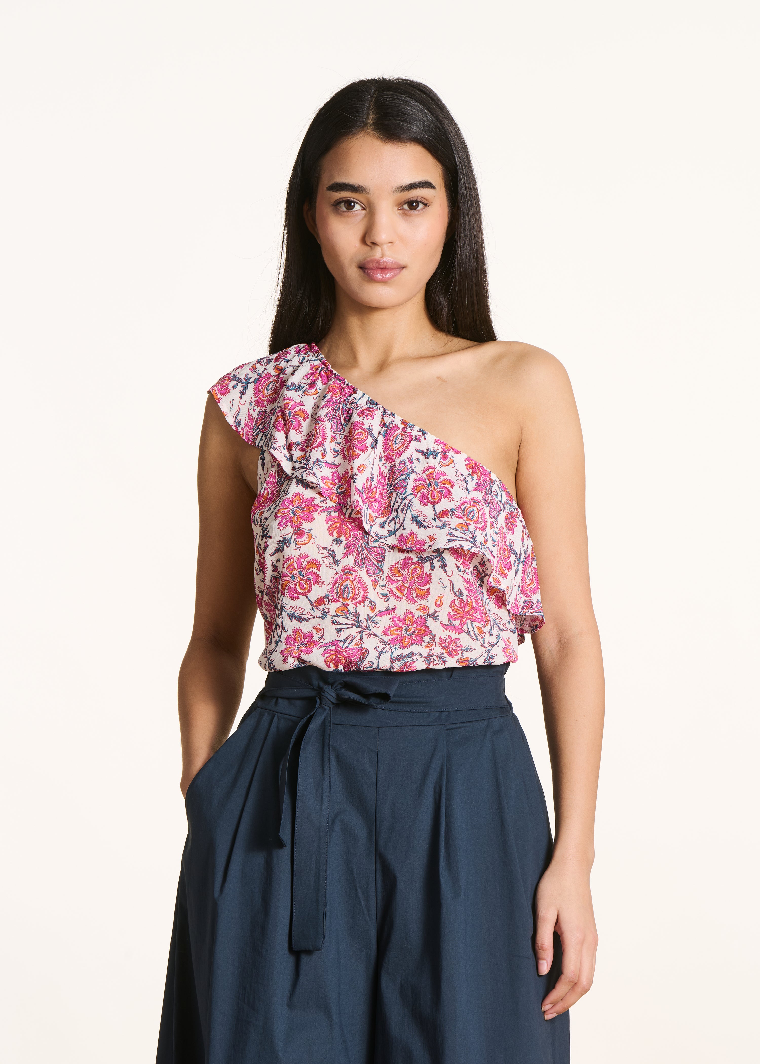 Top court rose one-shoulder à imprimé floral