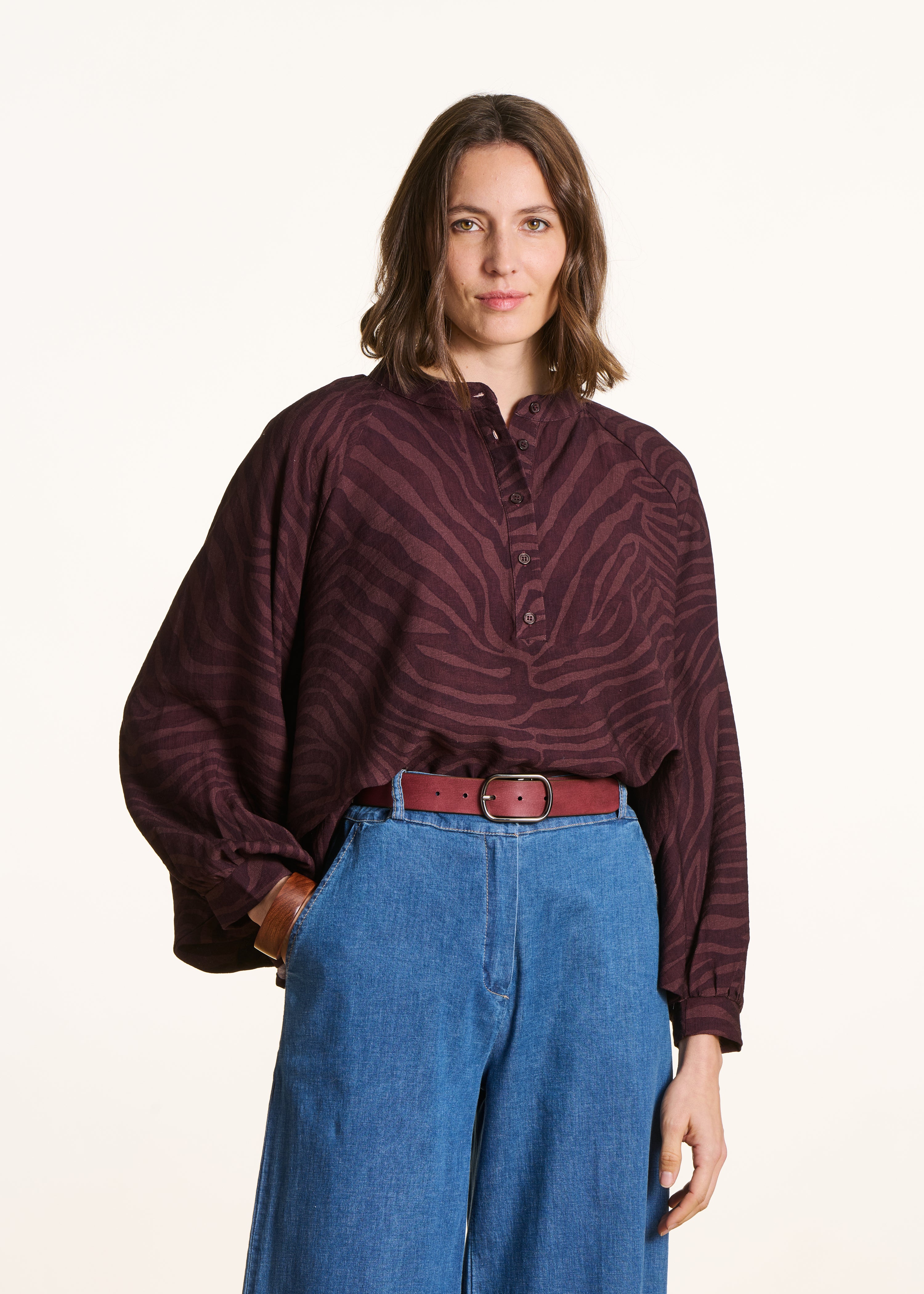 Brown oversized blouse with animal print