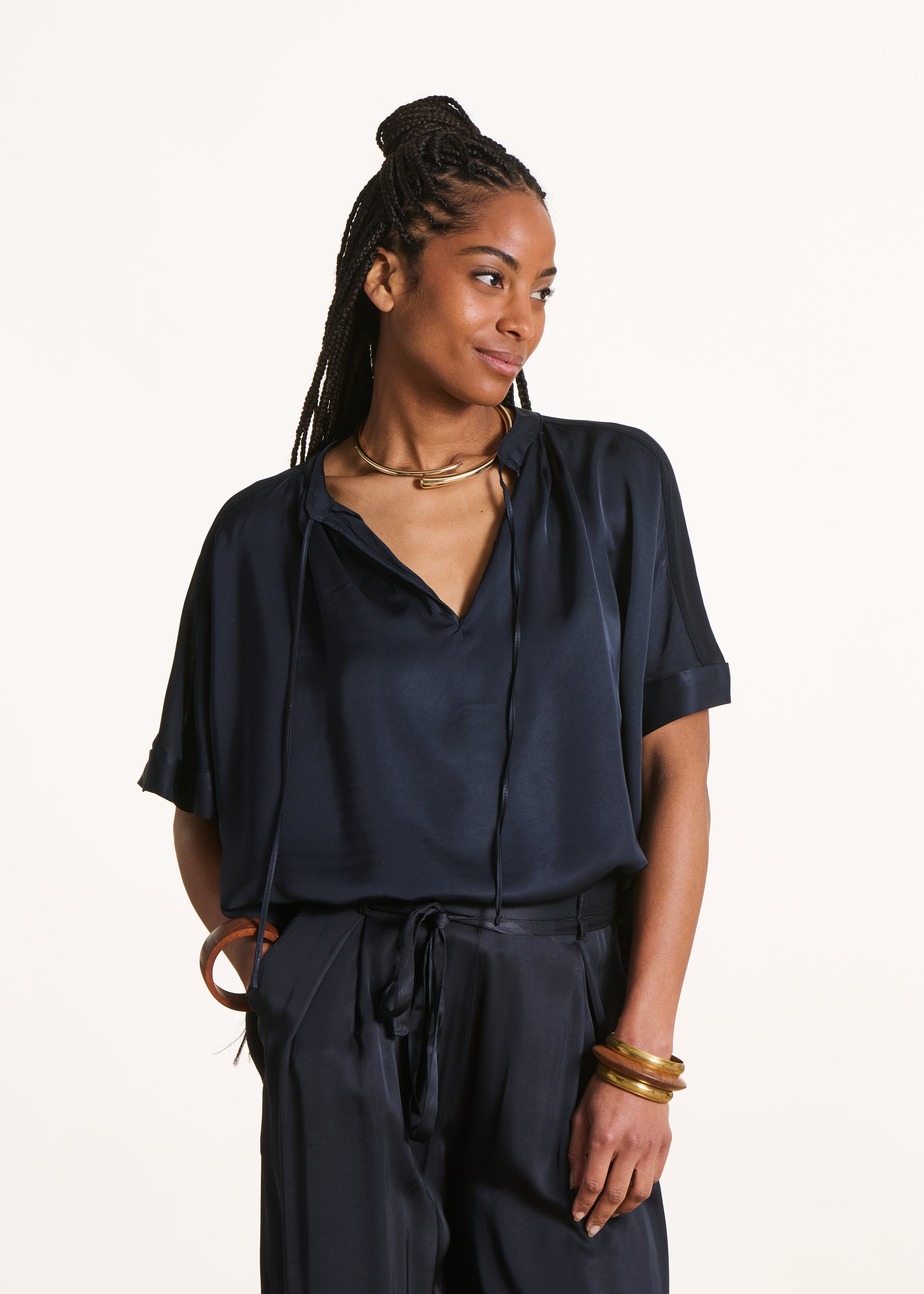 Dark blue loose satin blouse