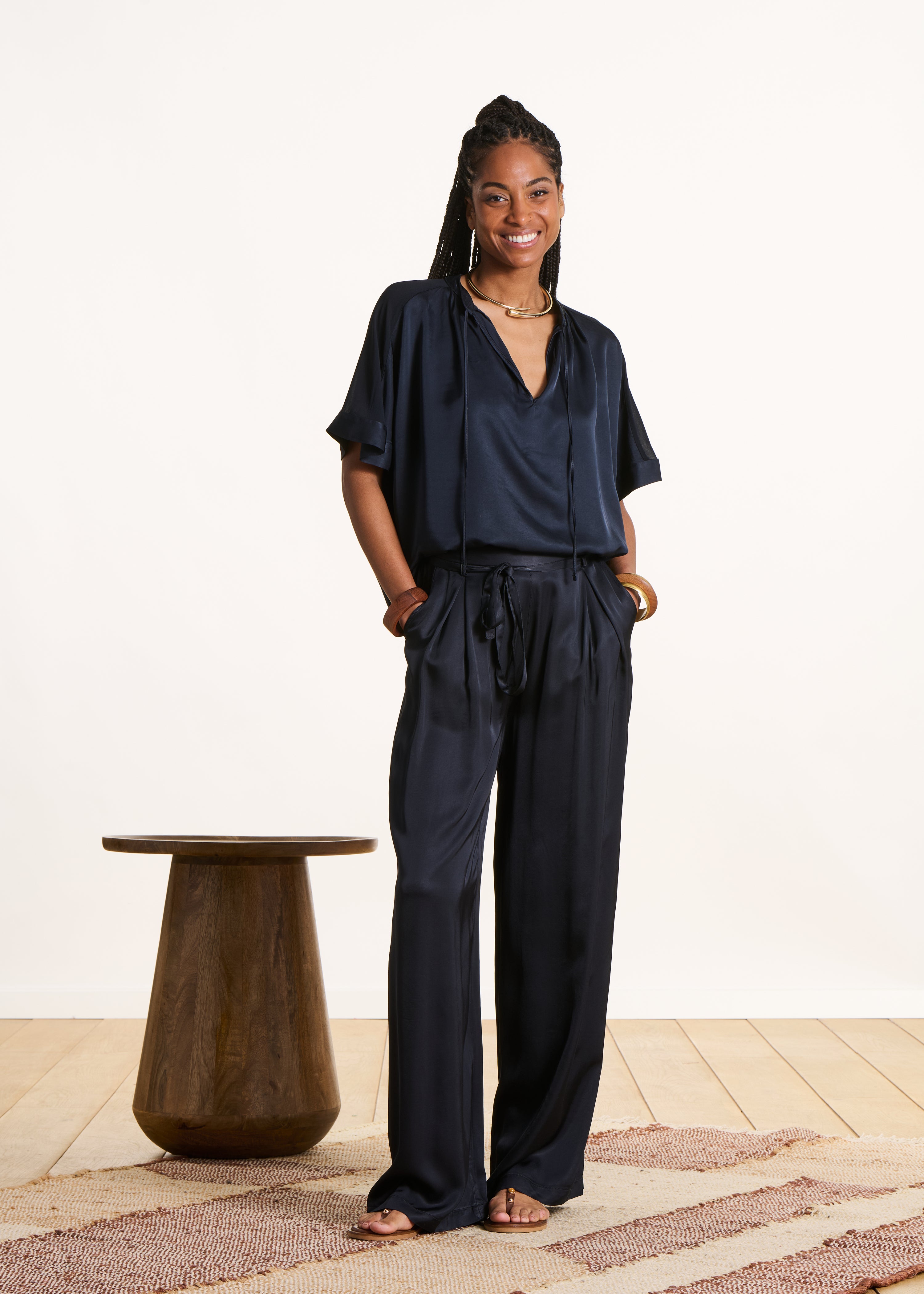 Dark blue loose satin blouse
