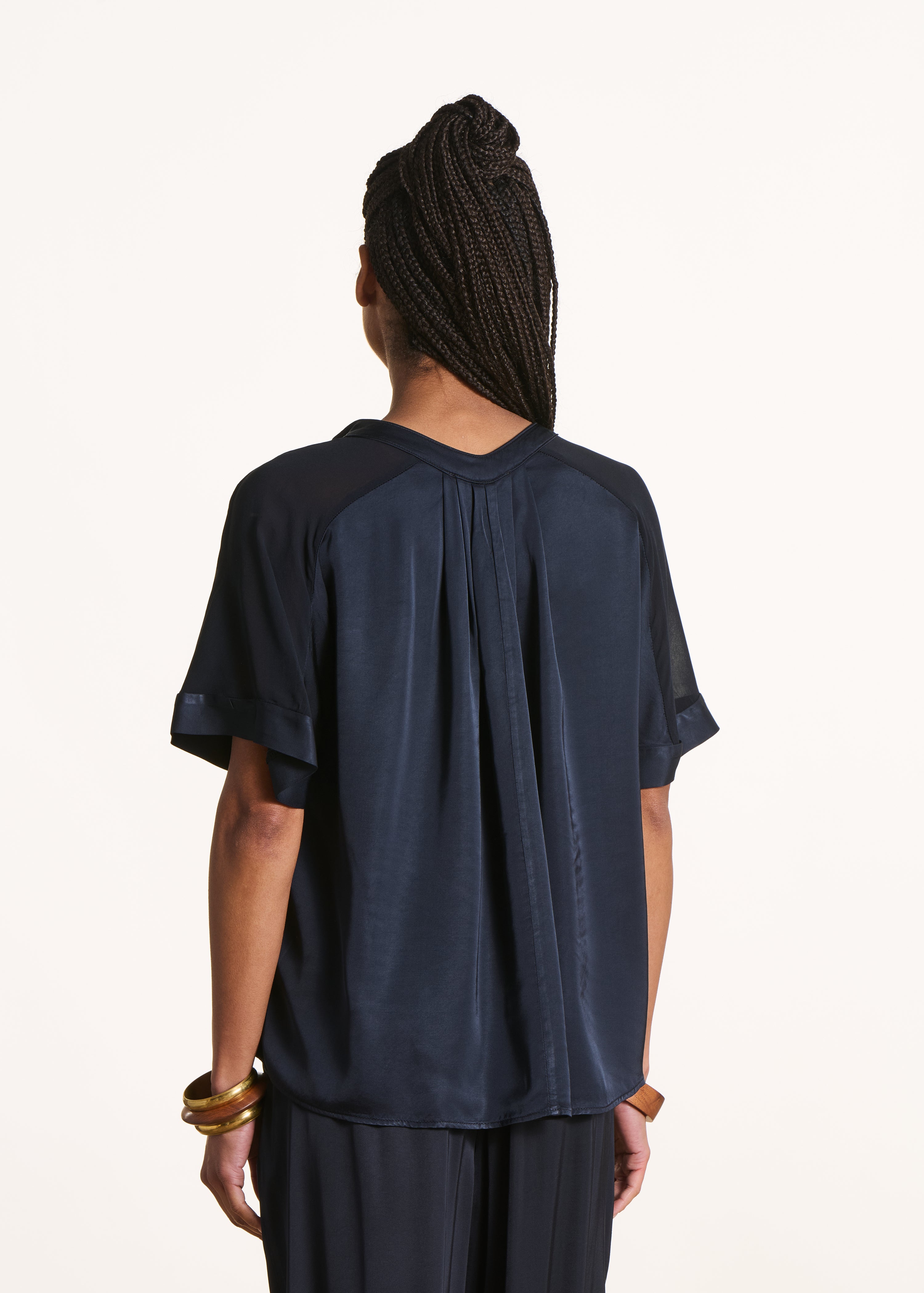 Dark blue loose satin blouse