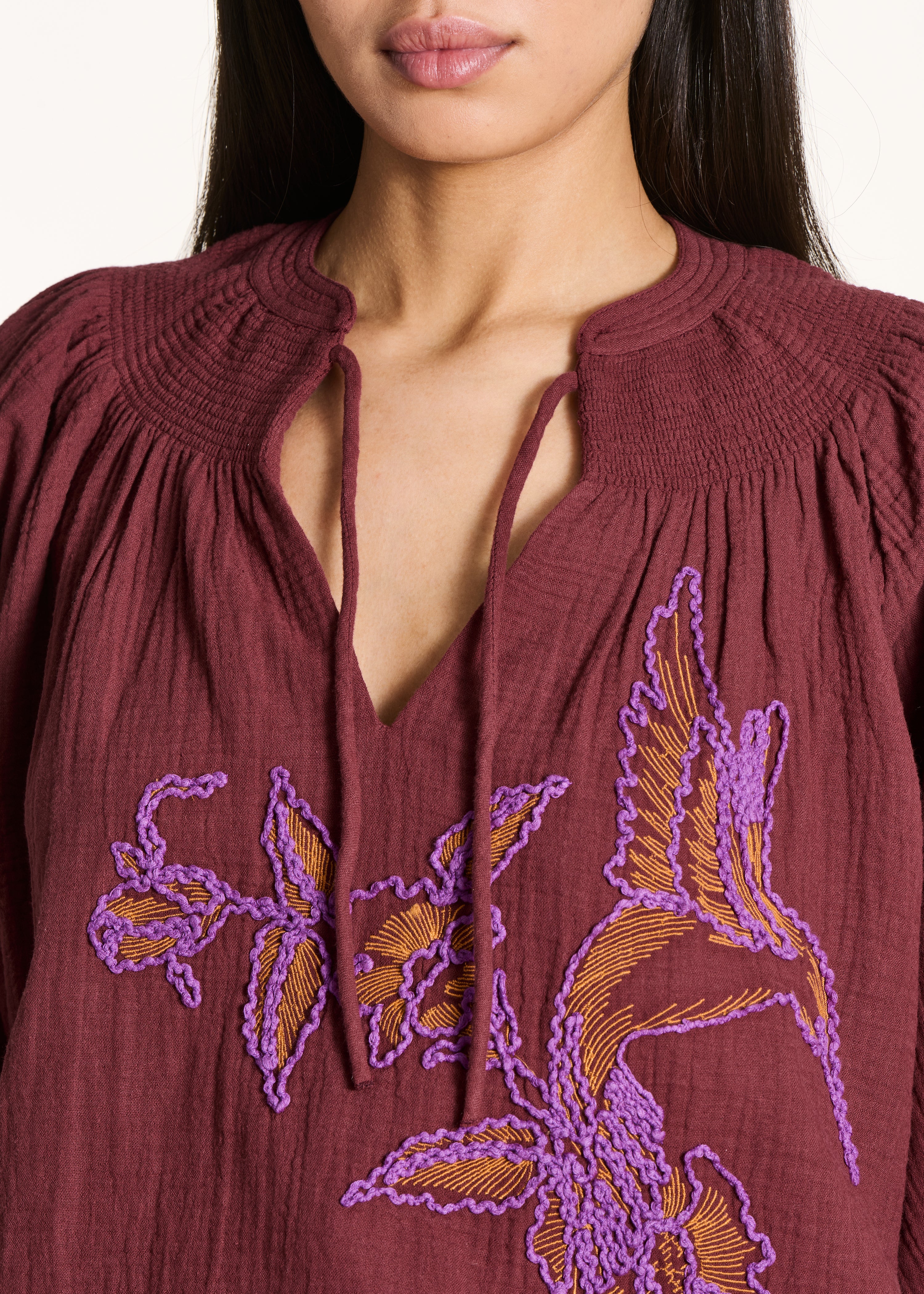 Brown embroidered cotton gauze top