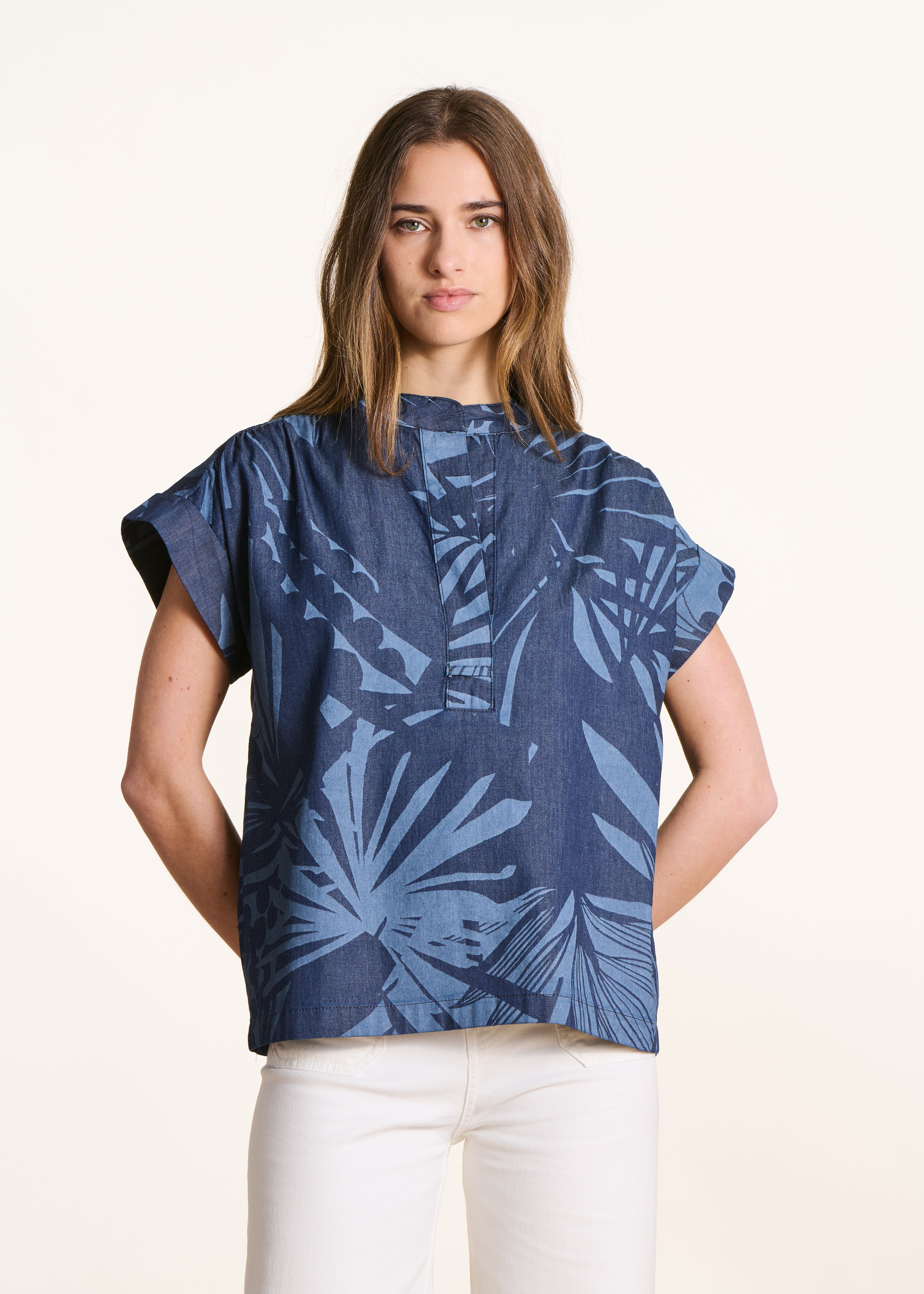 Top ample bleu en coton à imprimé