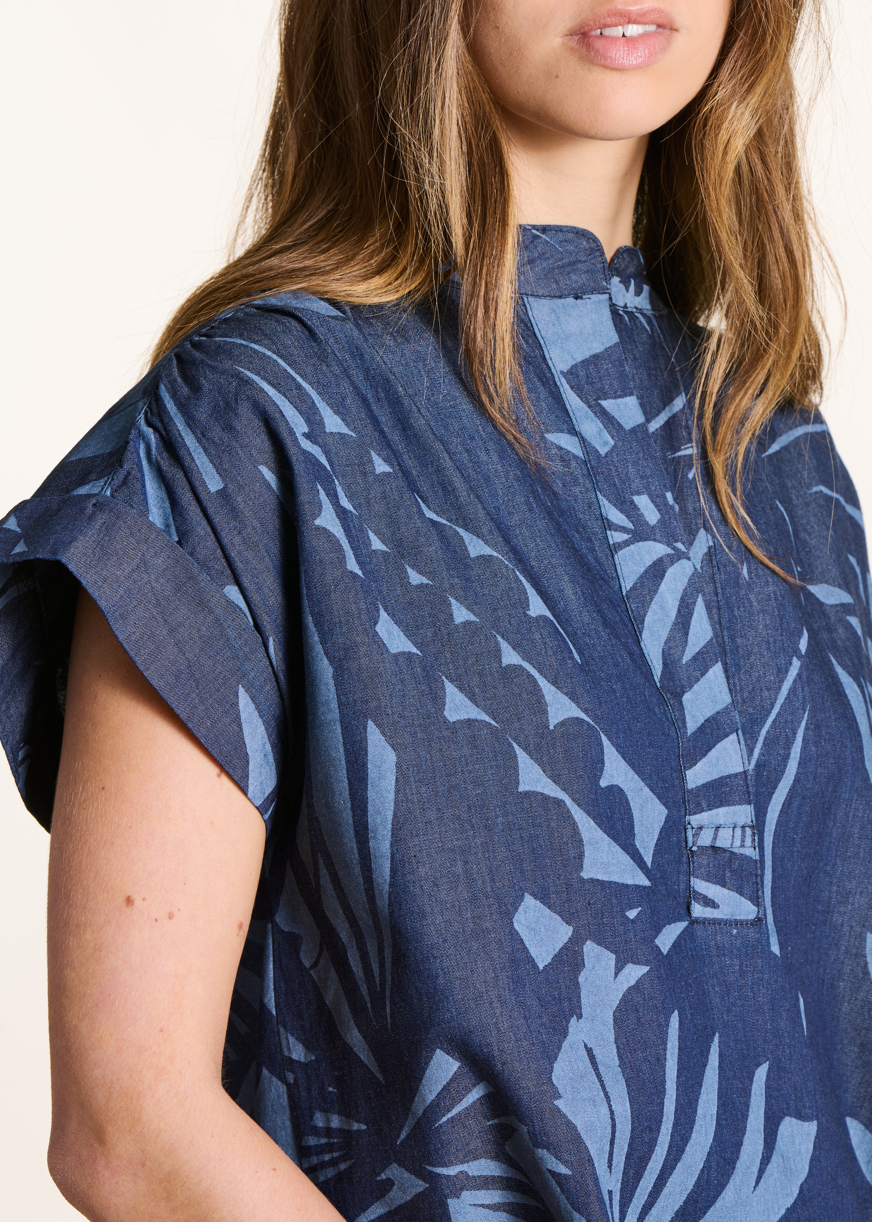 Top ample bleu en coton à imprimé