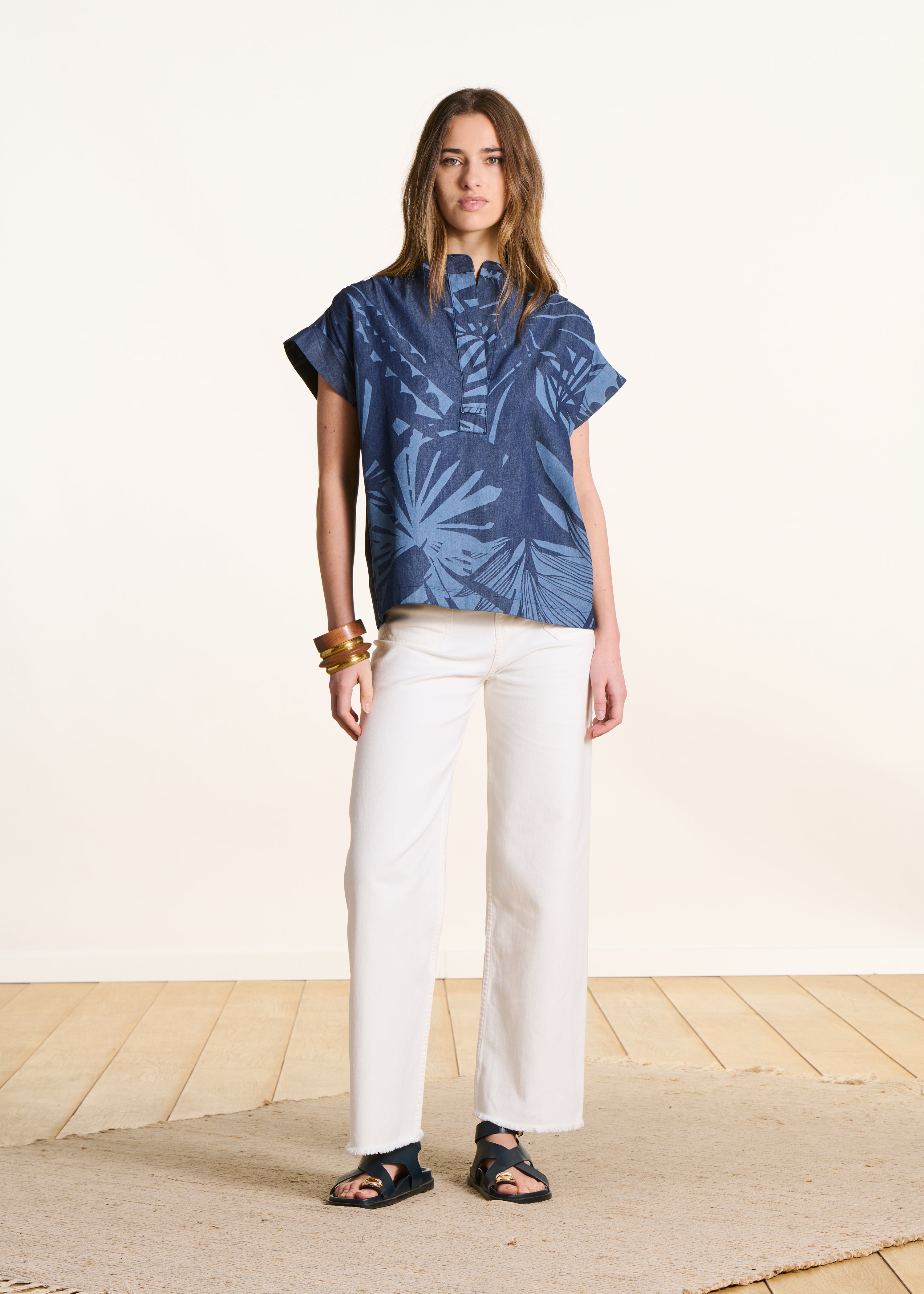Top ample bleu en coton à imprimé