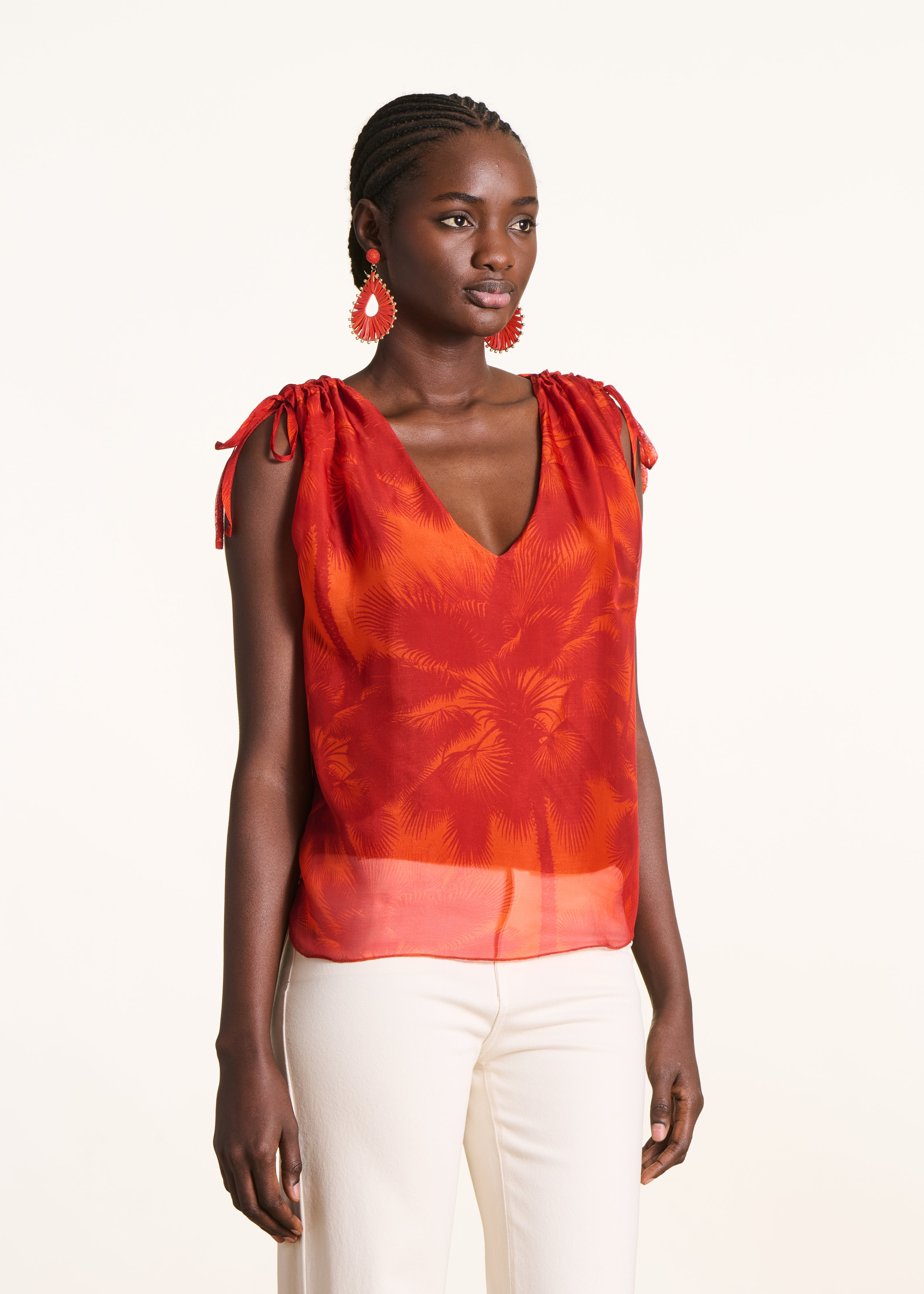 Top orange en voile imprimé floral