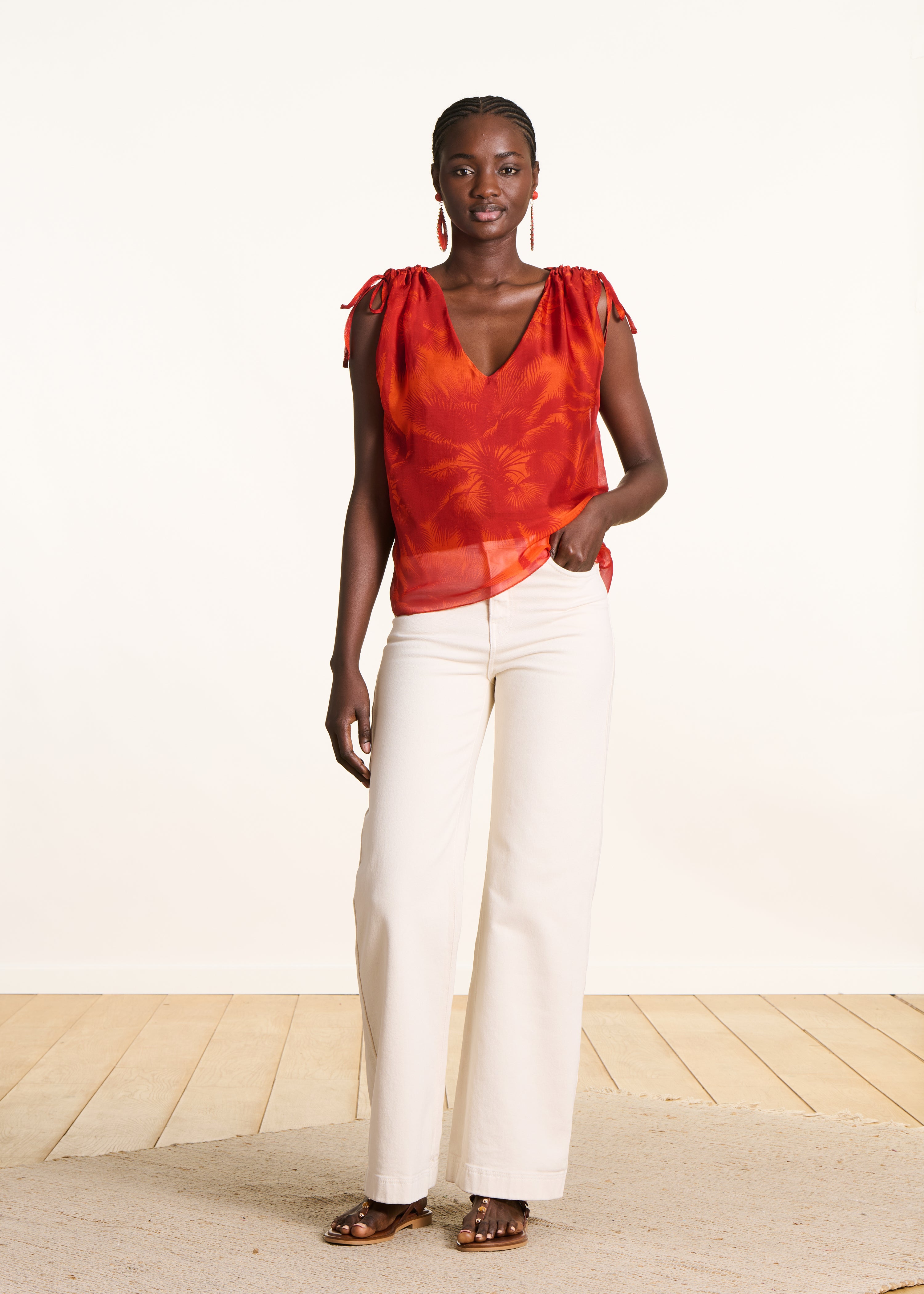 Top orange en voile imprimé floral