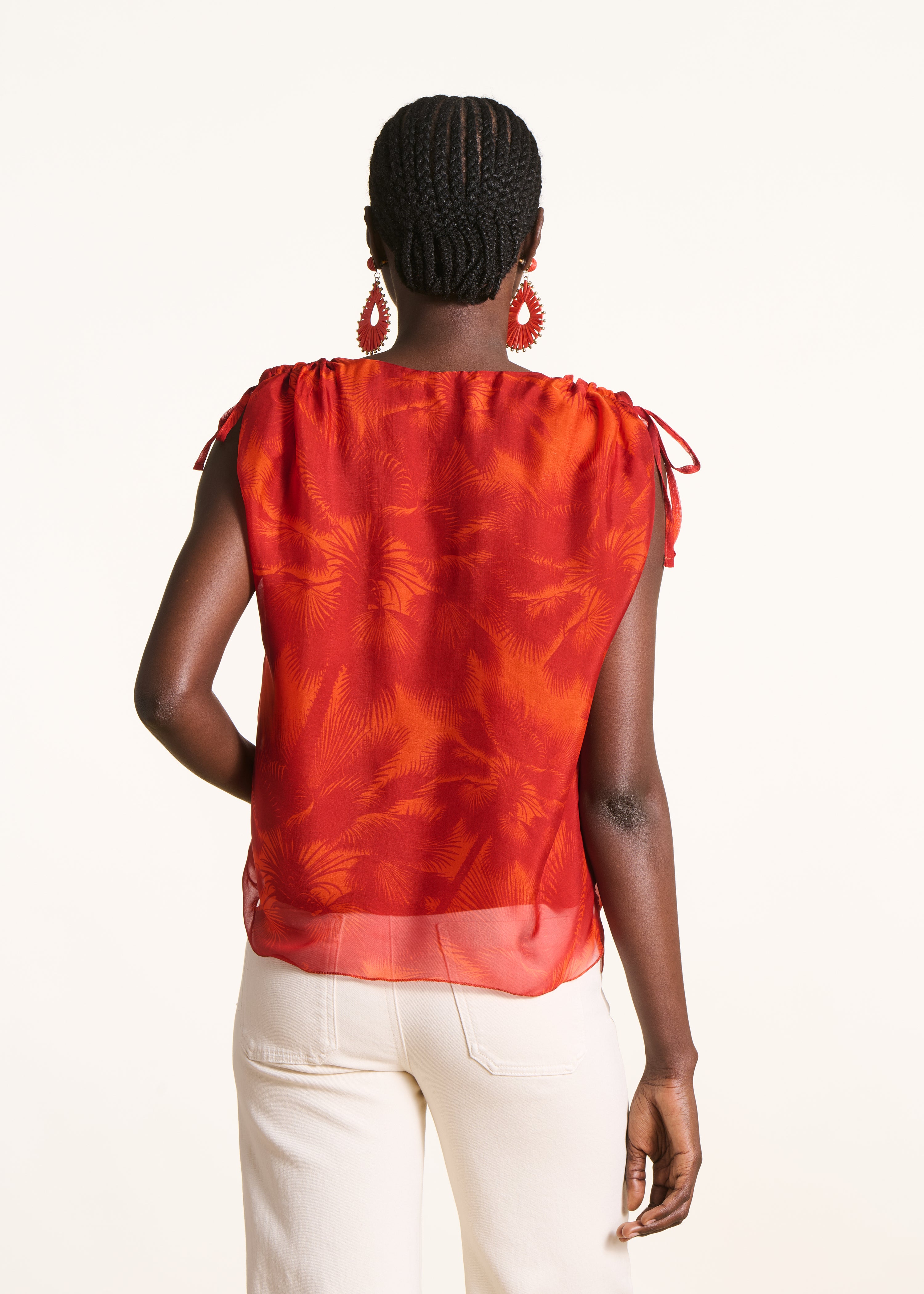 Top orange en voile imprimé floral