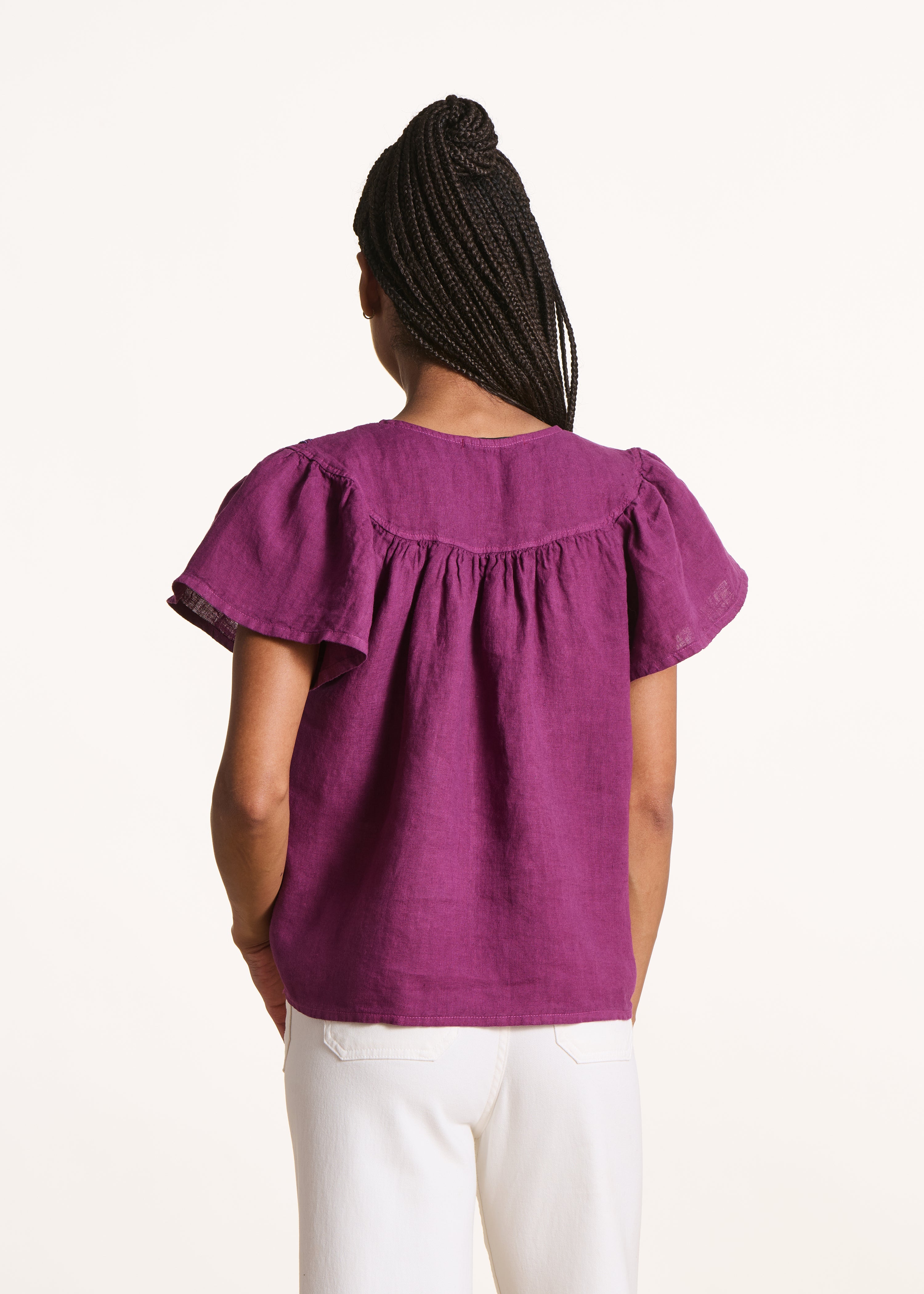 Loose violet linen top with short sleeves