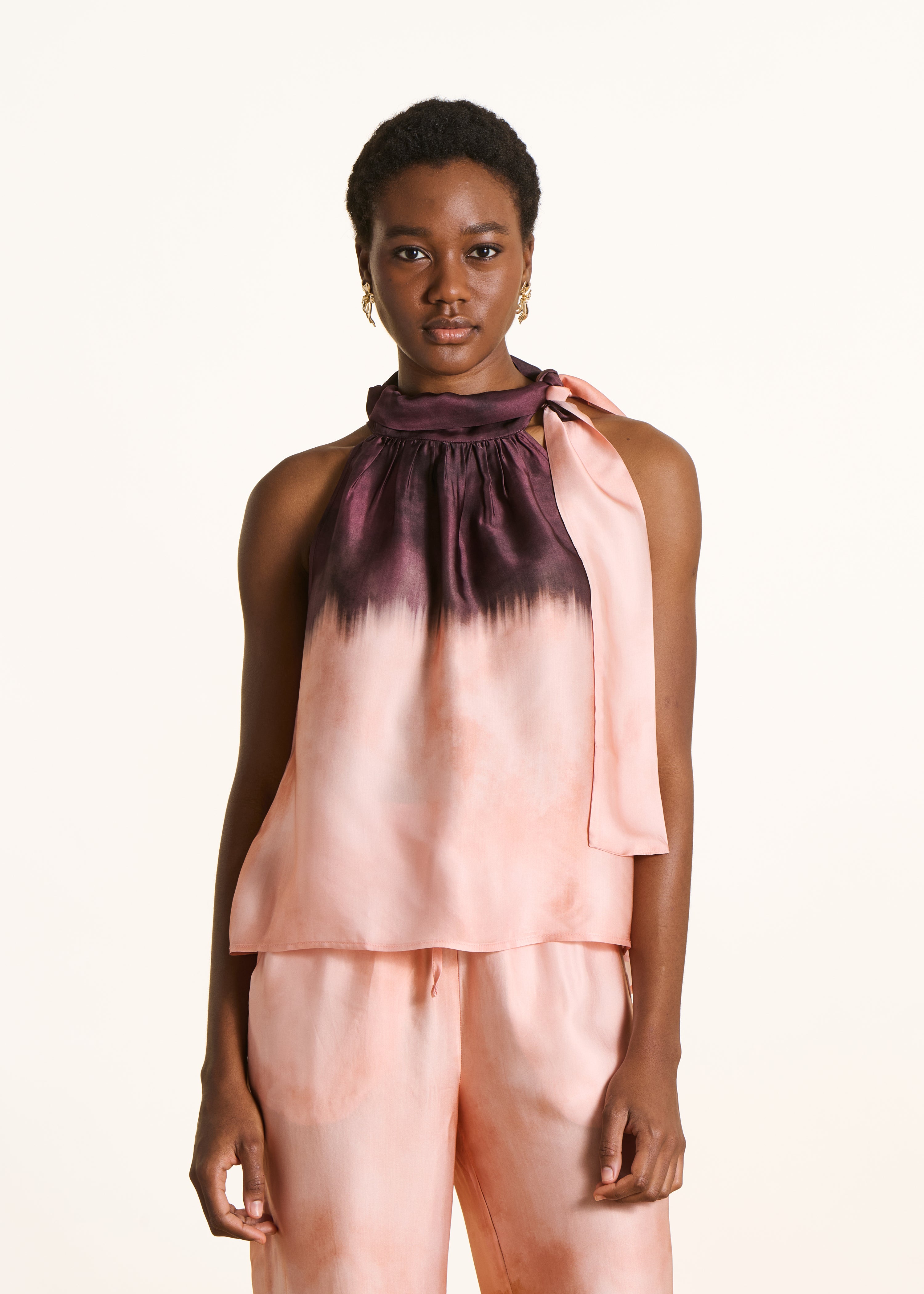Pink fluid tie-dye print satin top