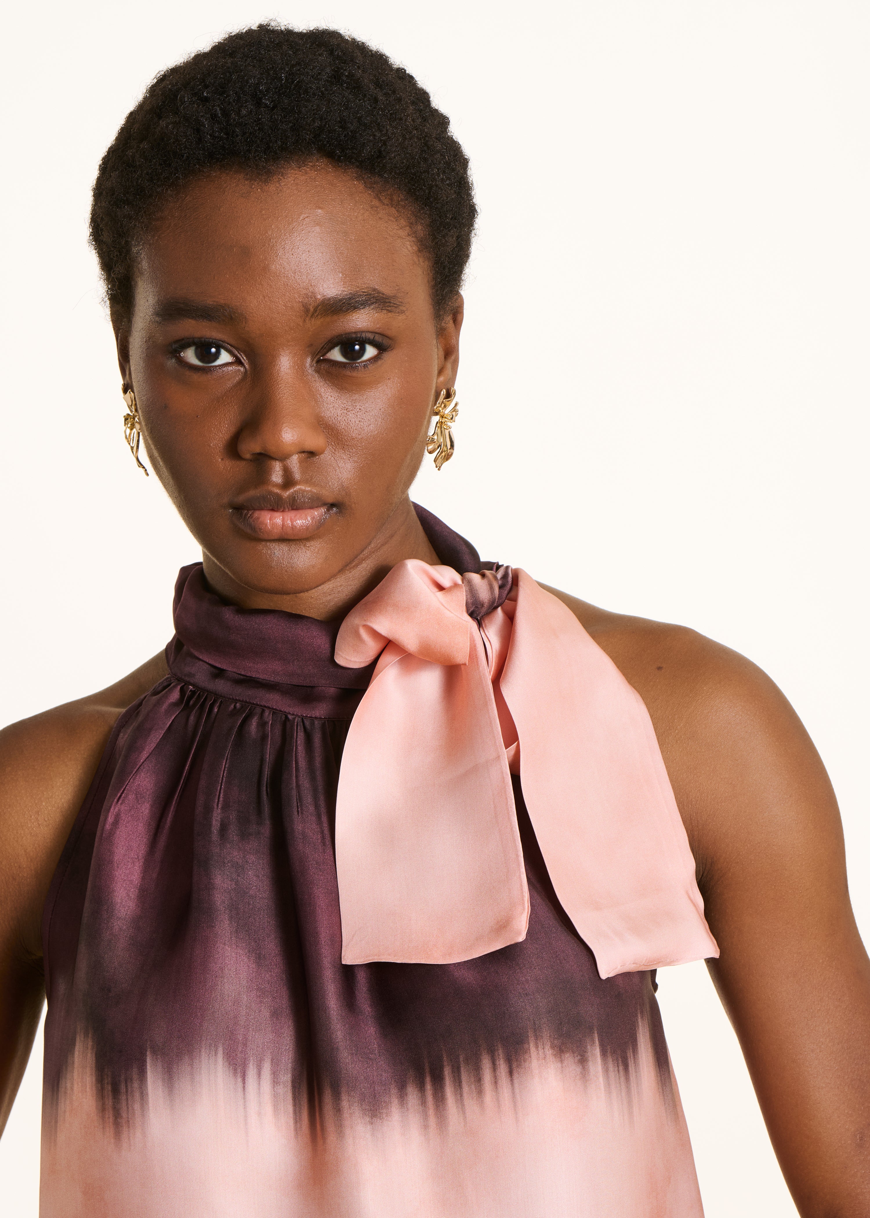 Pink fluid tie-dye print satin top