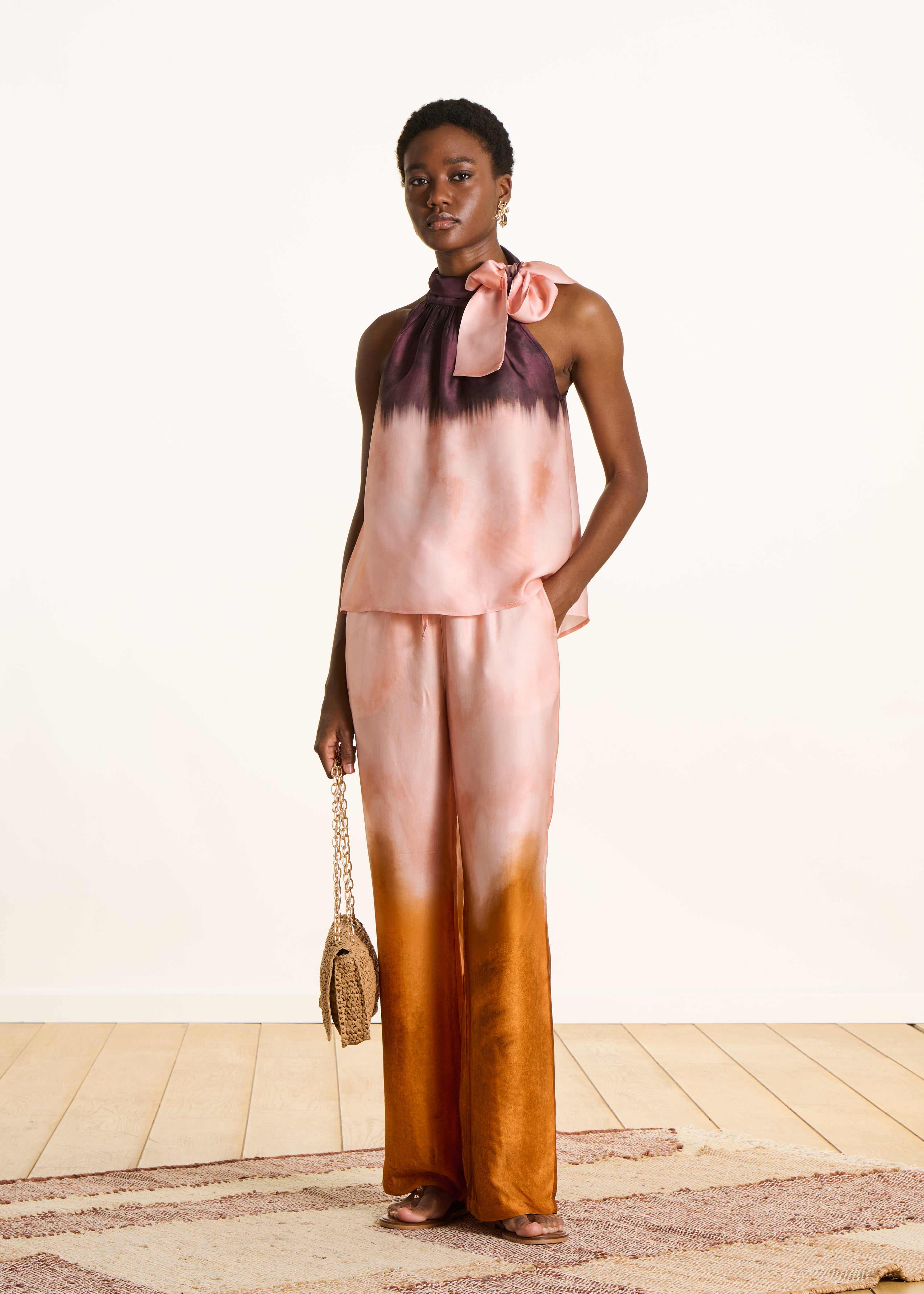Pink fluid tie-dye print satin top