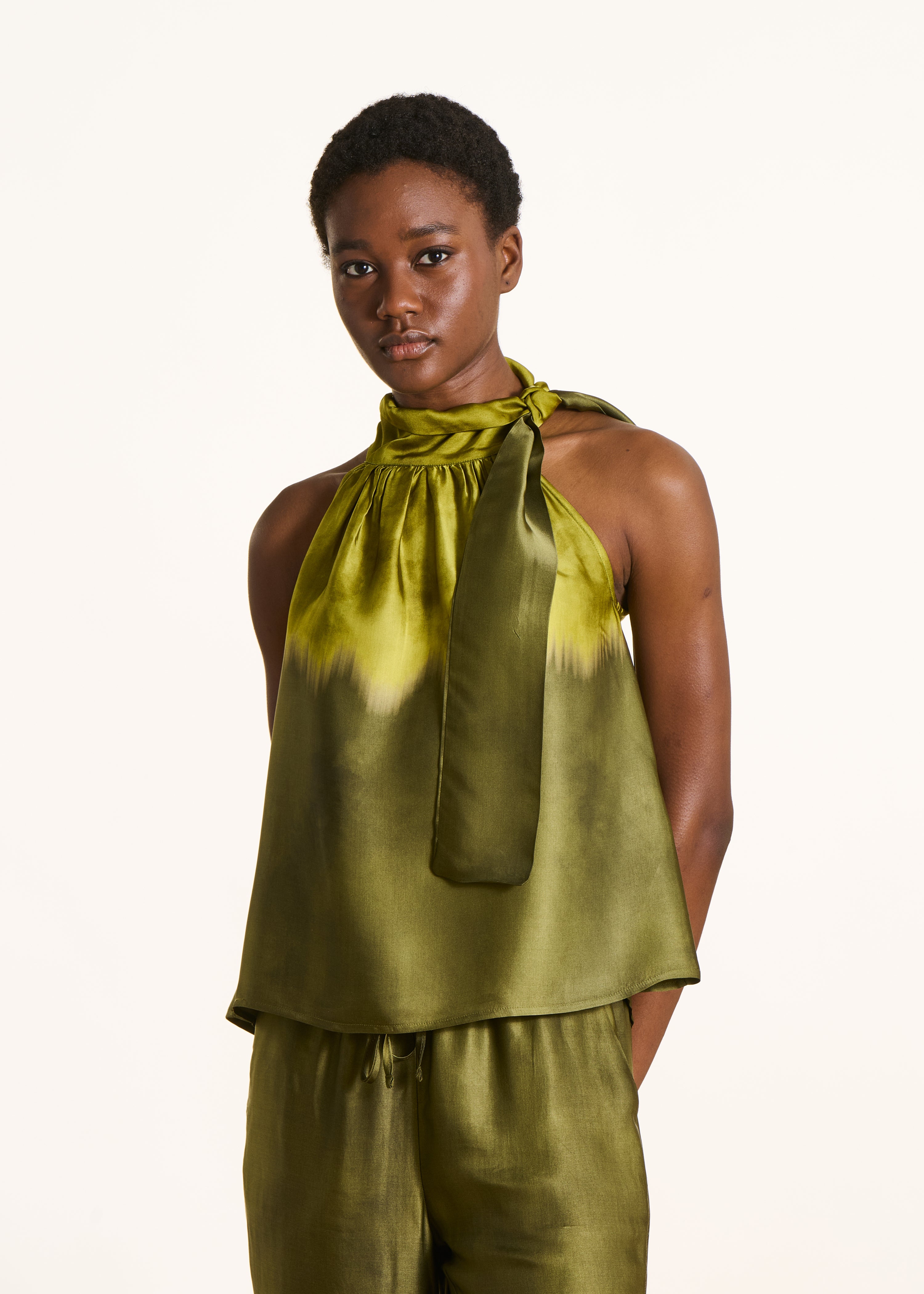 Green fluid tie-dye print satin top