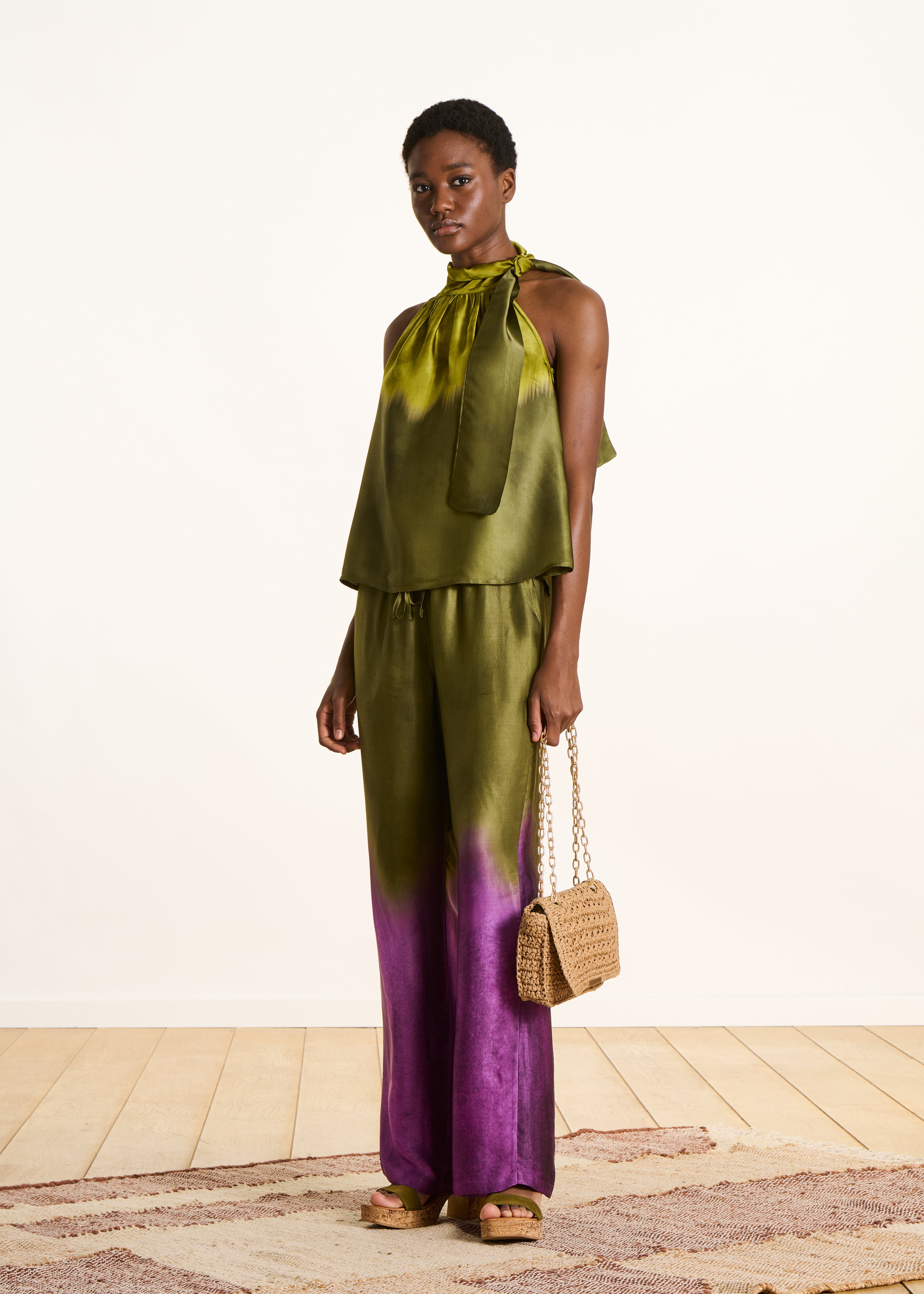 Green fluid tie-dye print satin top