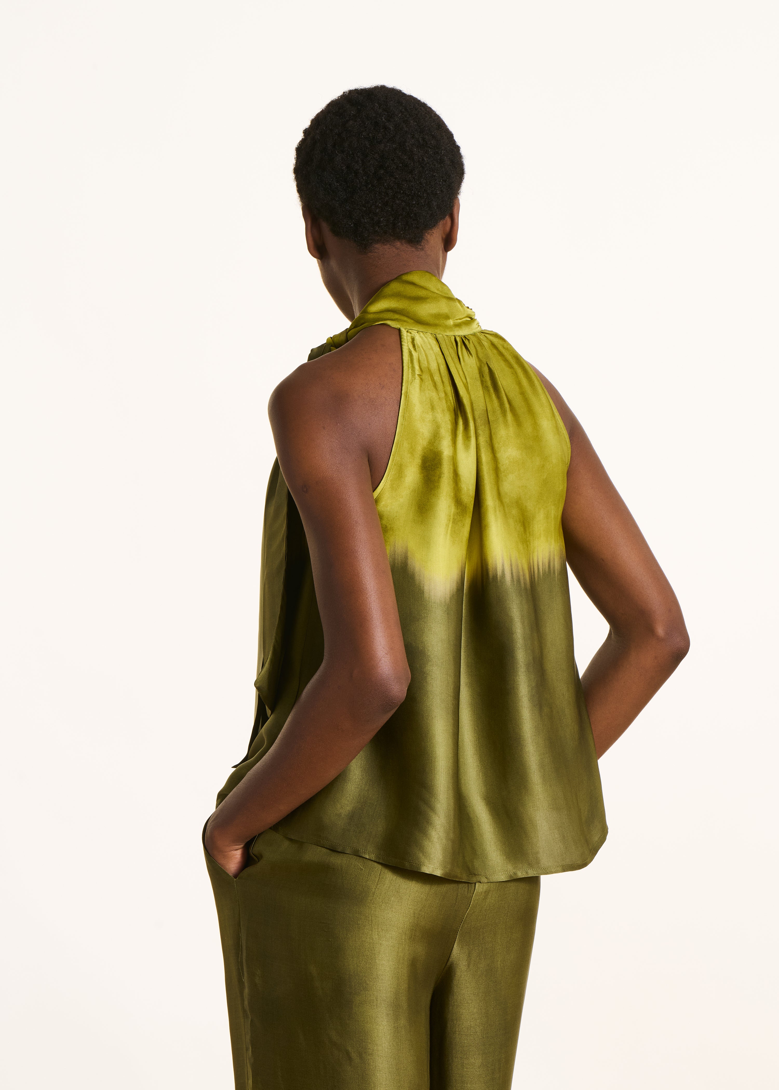 Green fluid tie-dye print satin top