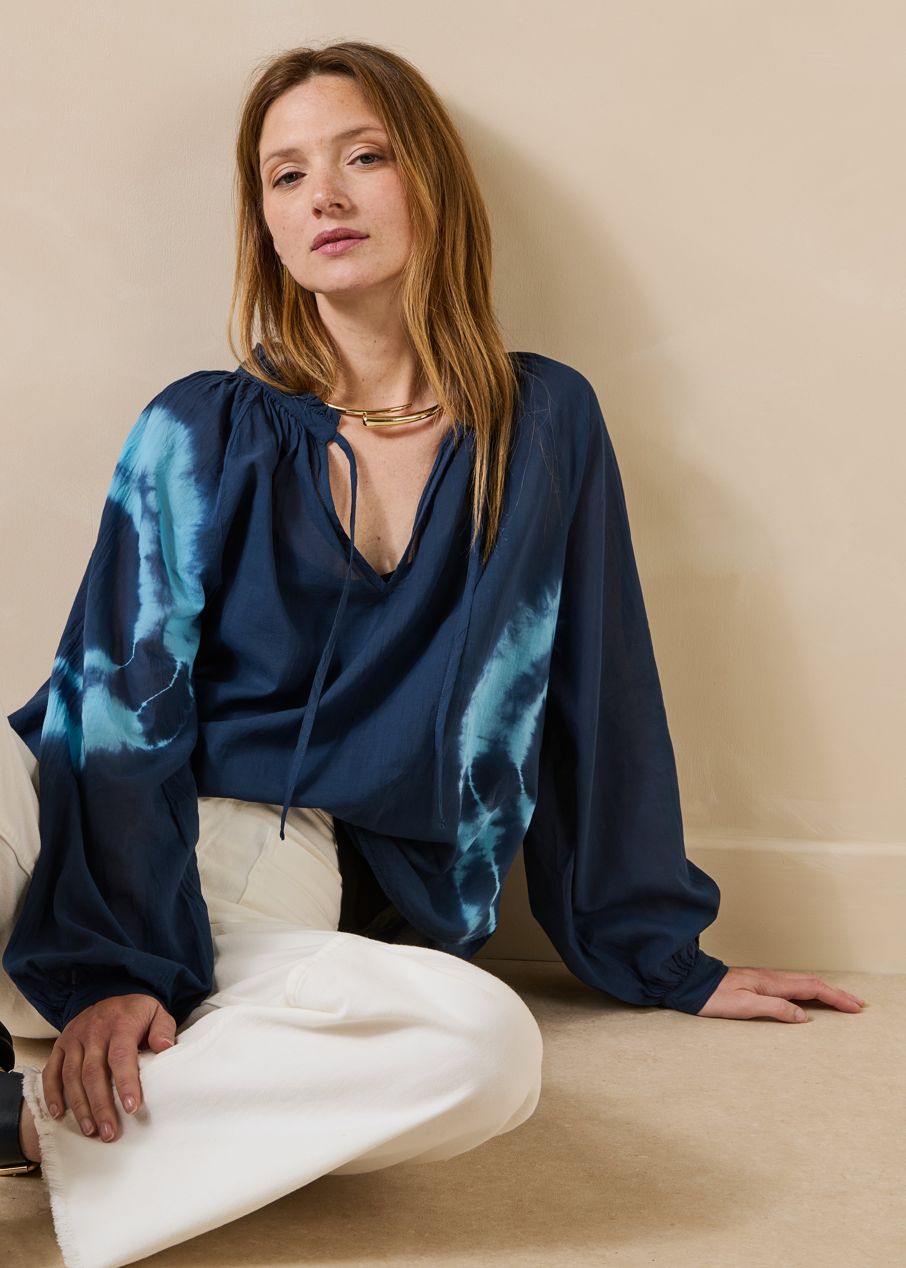 Dark blue tie-dye printed cotton voile top