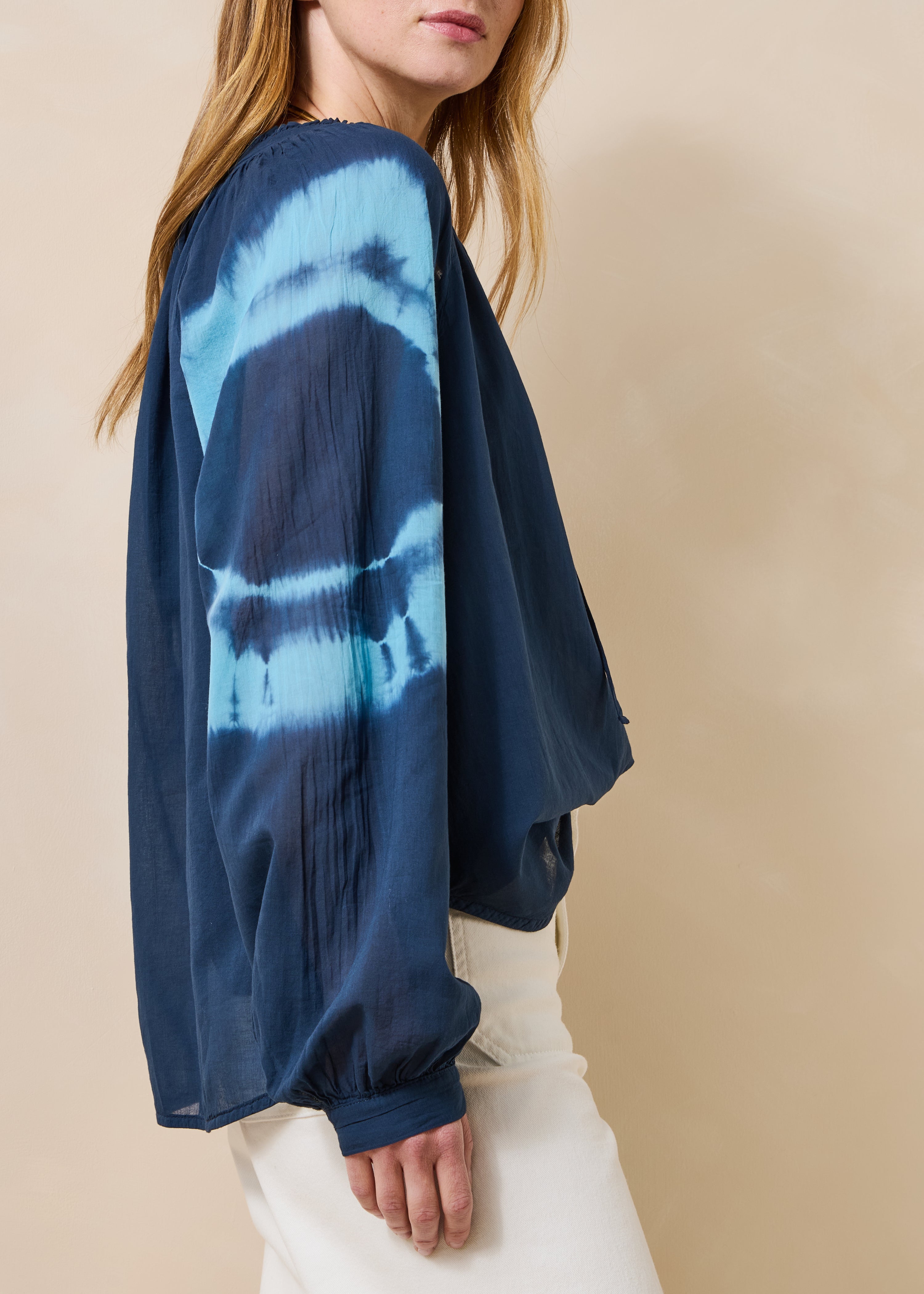 Dark blue tie-dye printed cotton voile top