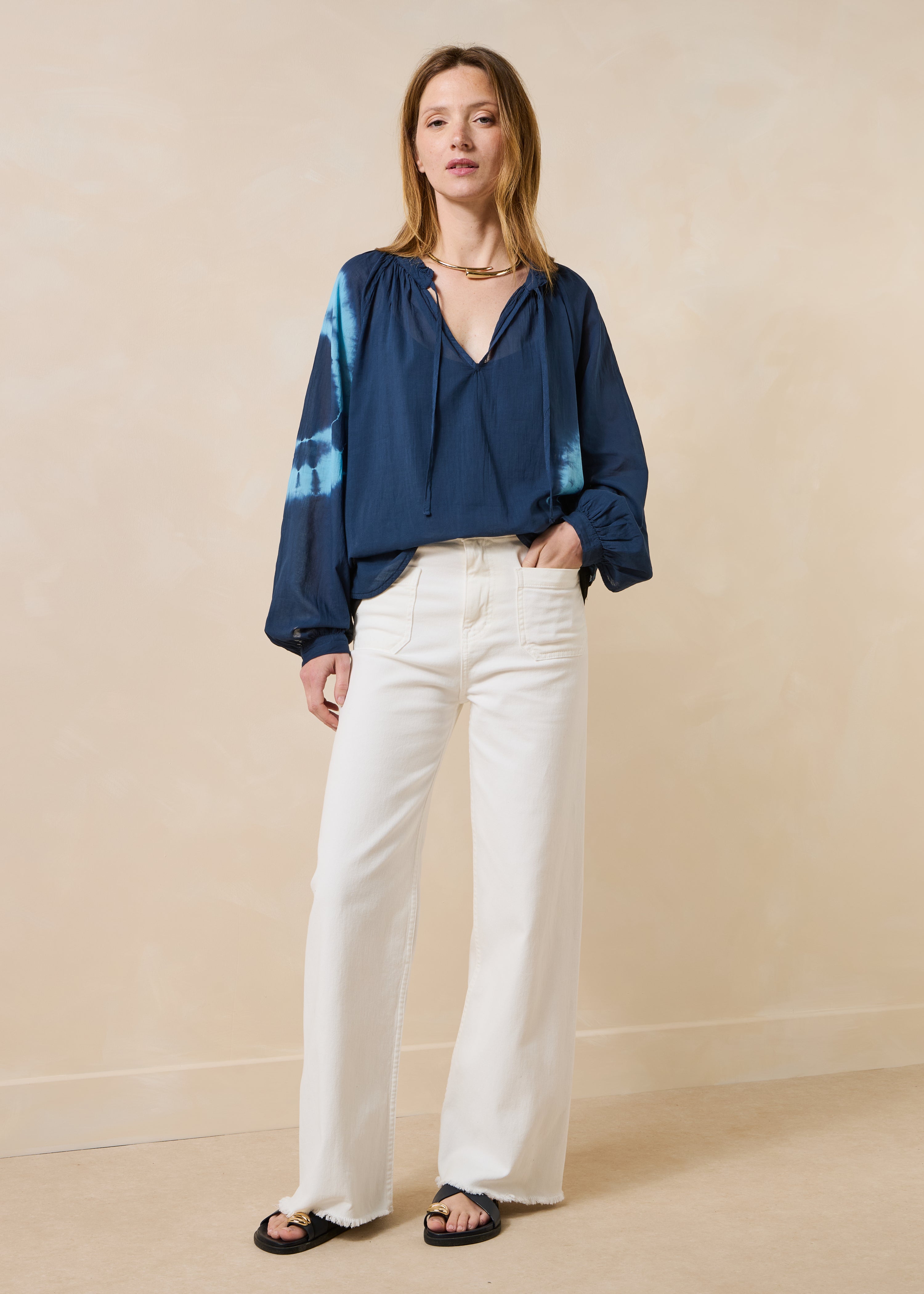 Dark blue tie-dye printed cotton voile top