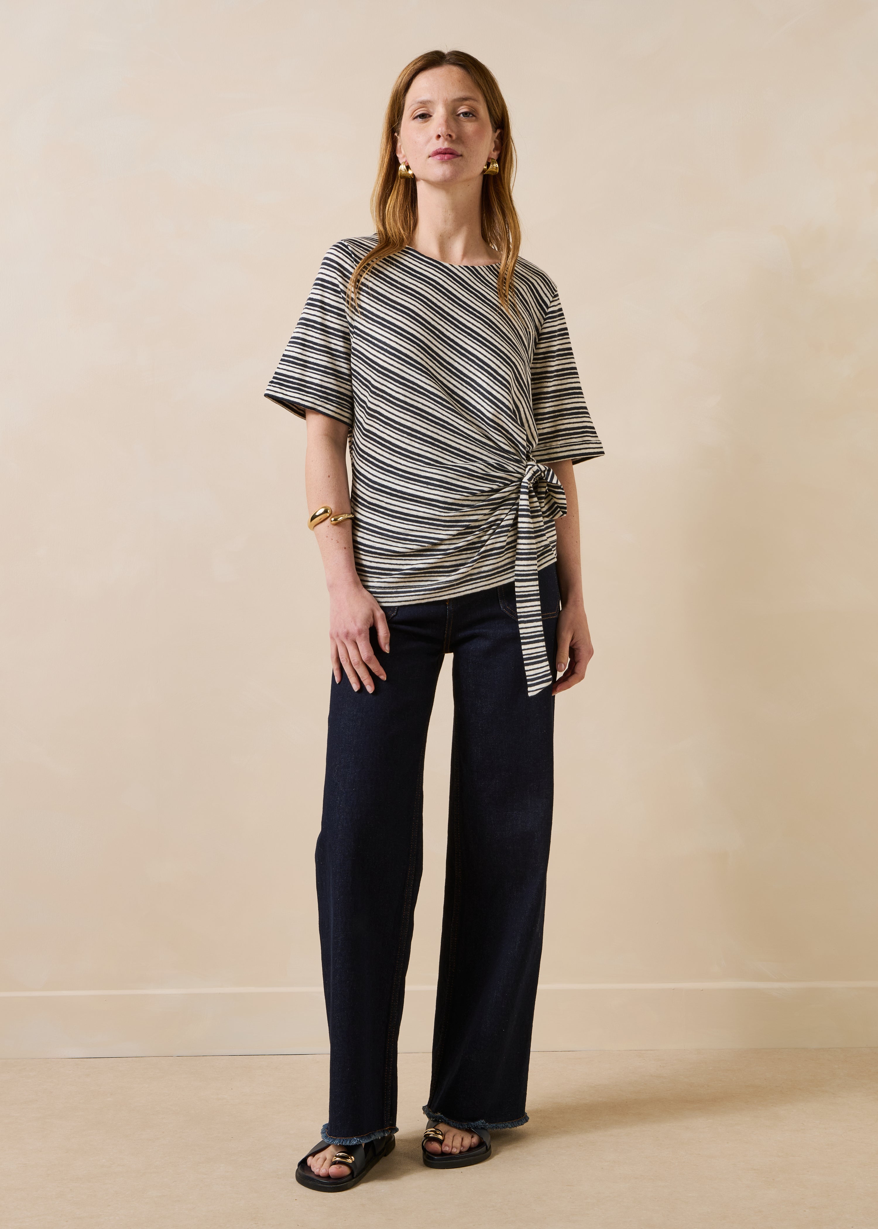 Ecru striped short-sleeve T-shirt