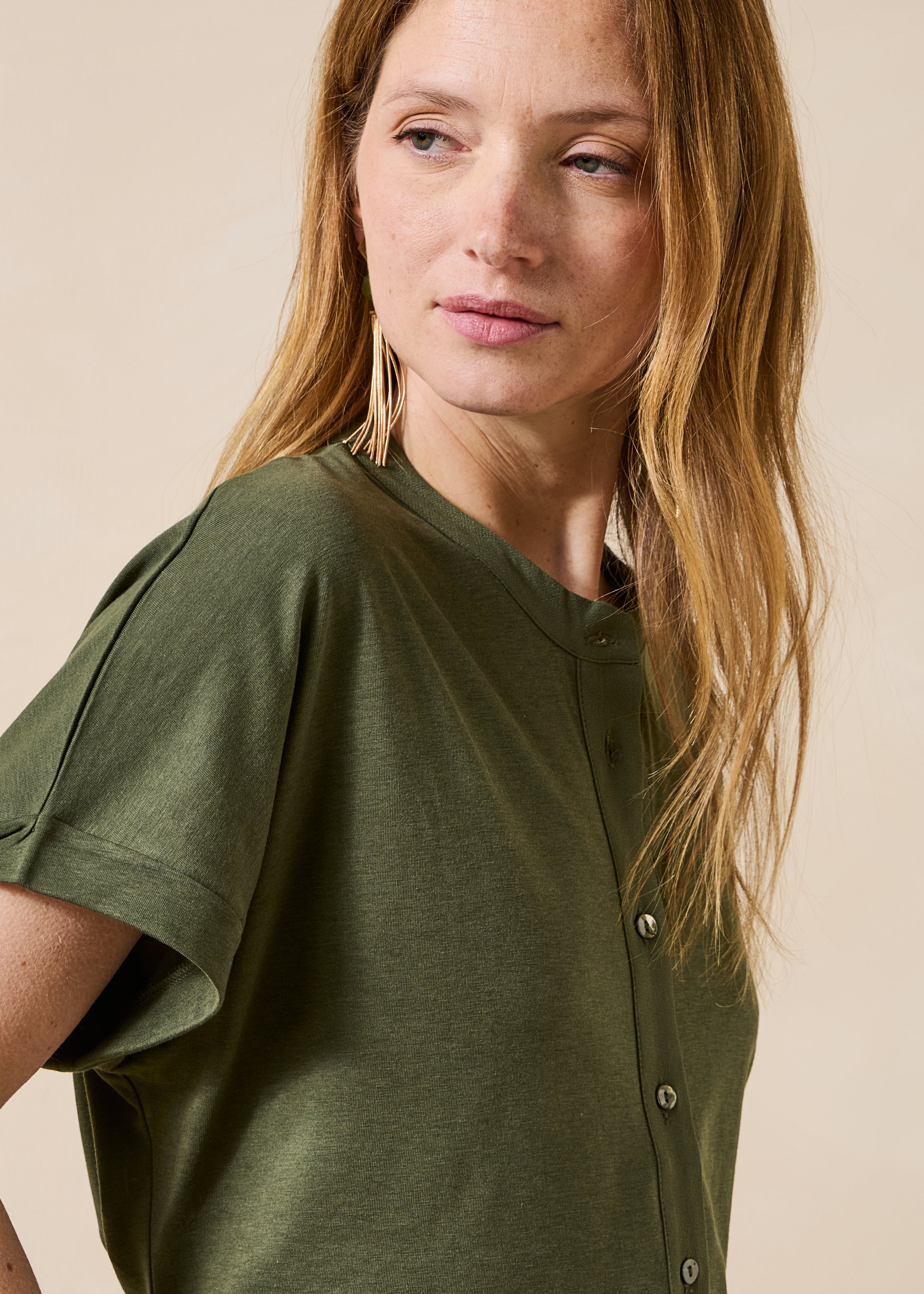 Khaki short-sleeve bi-material T-shirt