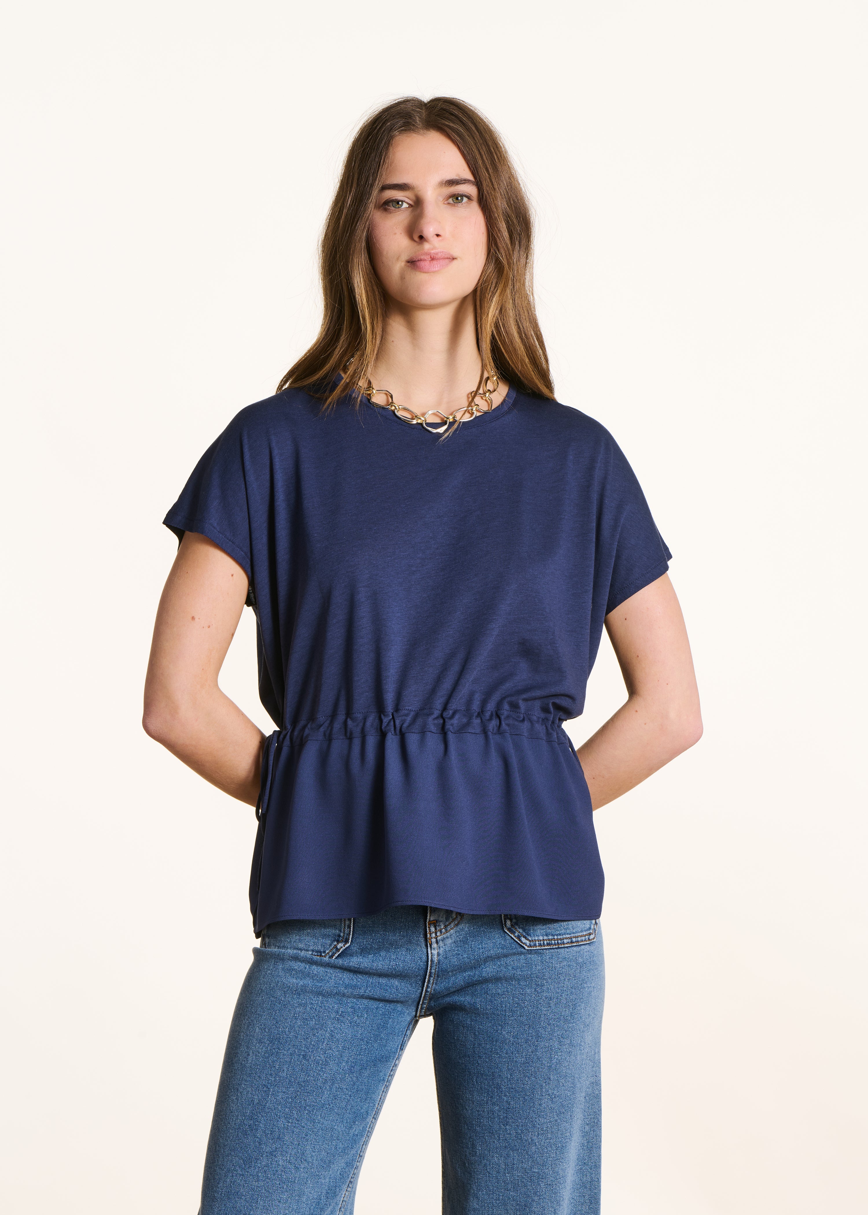 T-shirt ampia in tessuto bicolore blu scuro