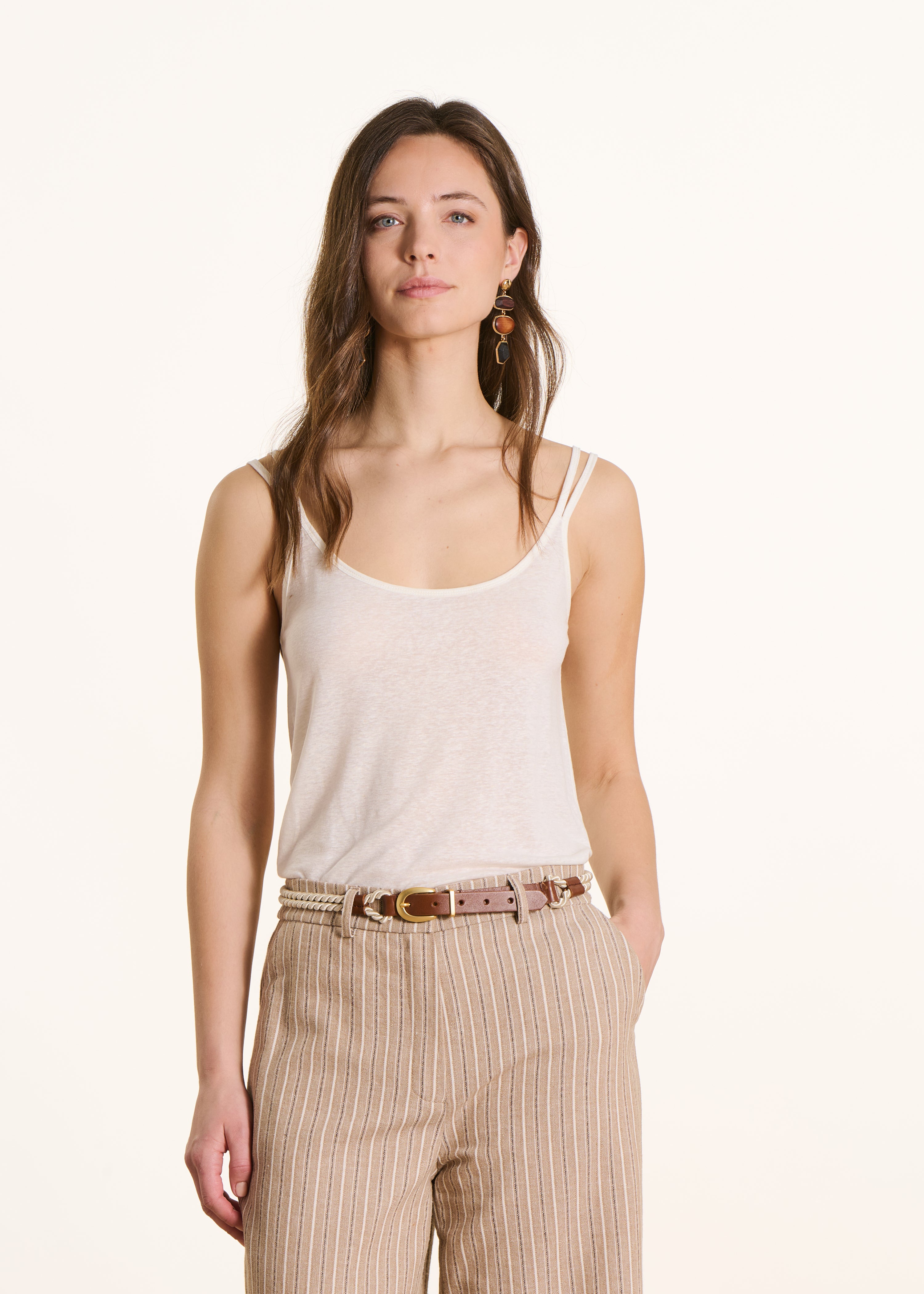 Ecru lyocell linen jersey tank top with straps