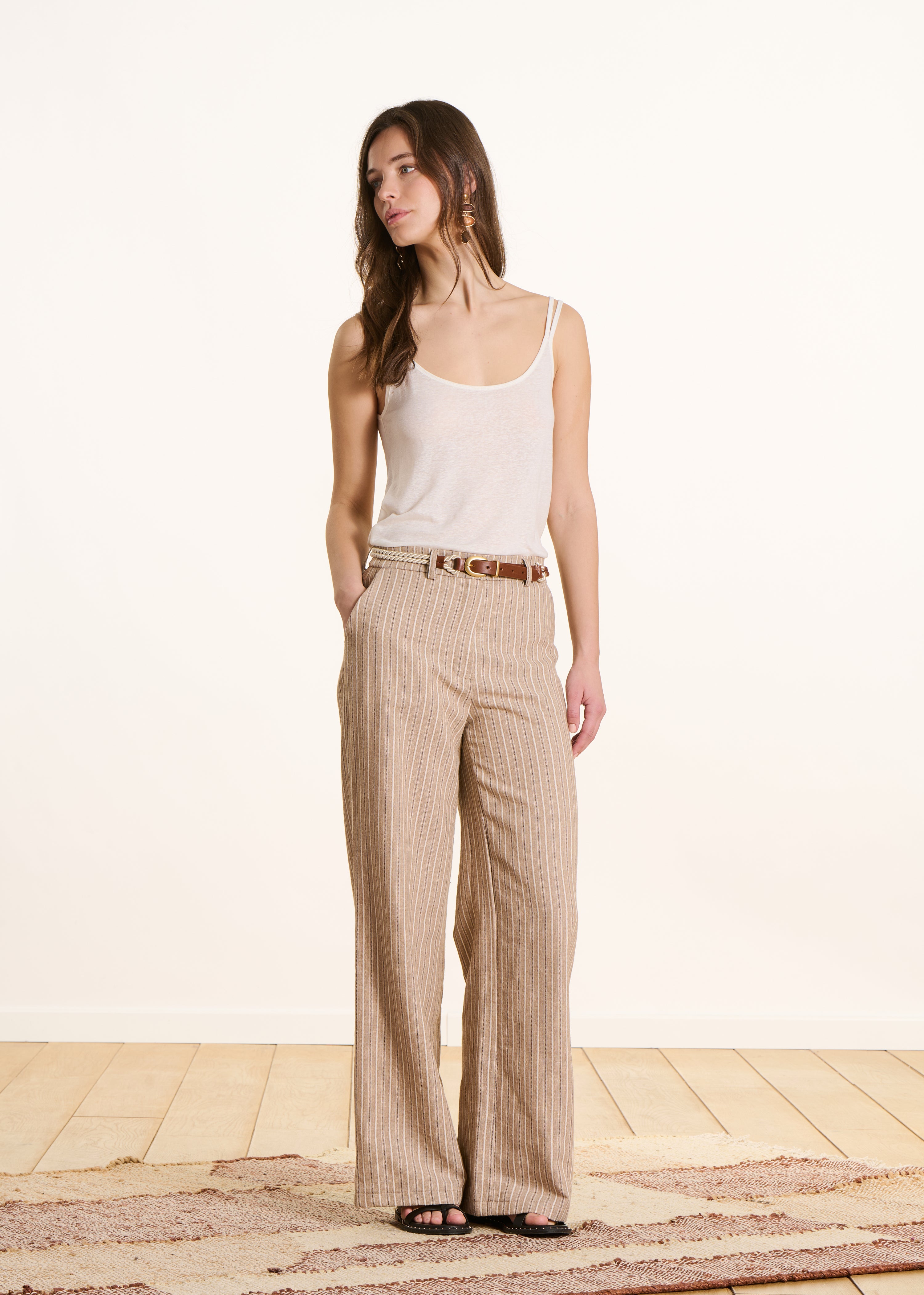 Ecru lyocell linen jersey tank top with straps