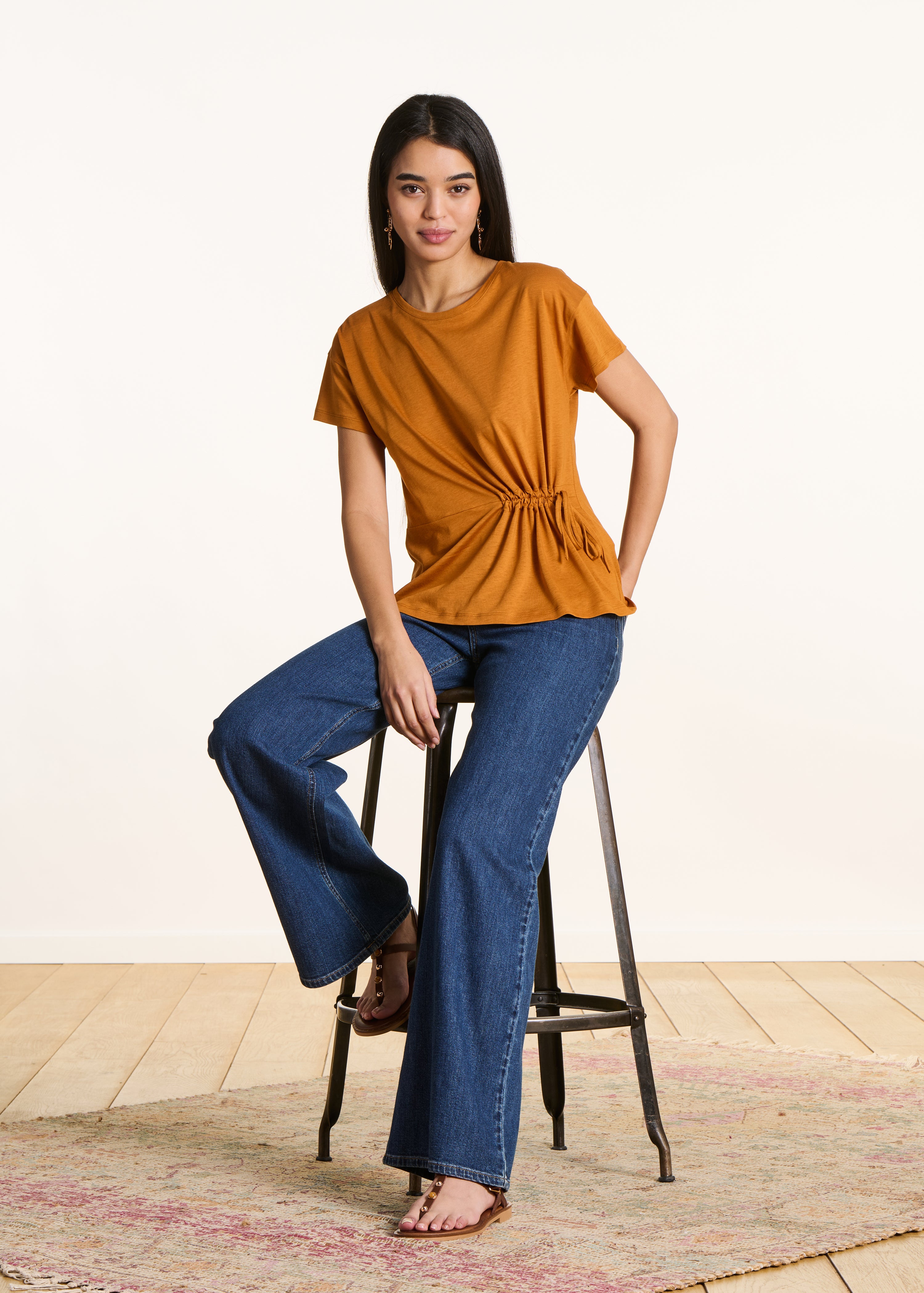 Flowing ochre T-shirt in lyocell and cotton