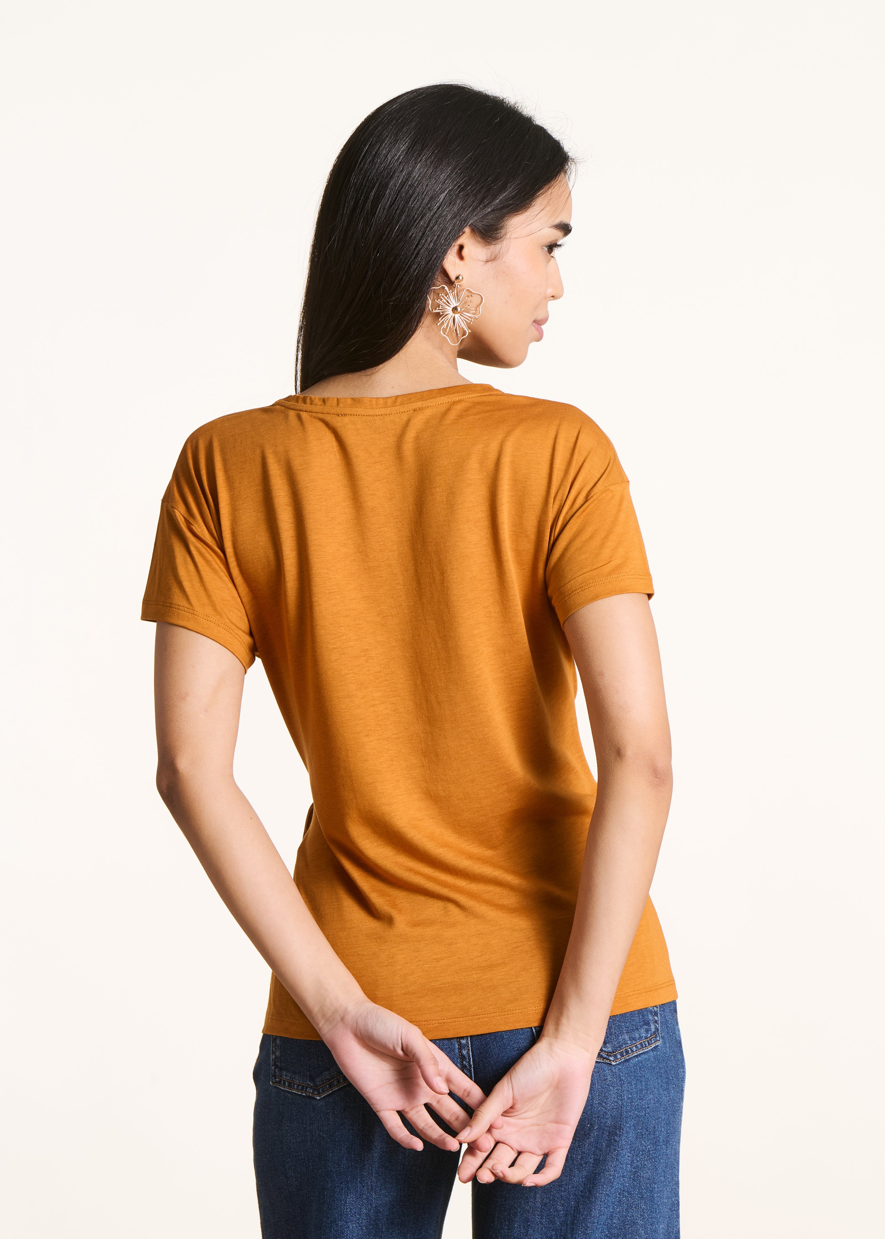 Flowing ochre T-shirt in lyocell and cotton
