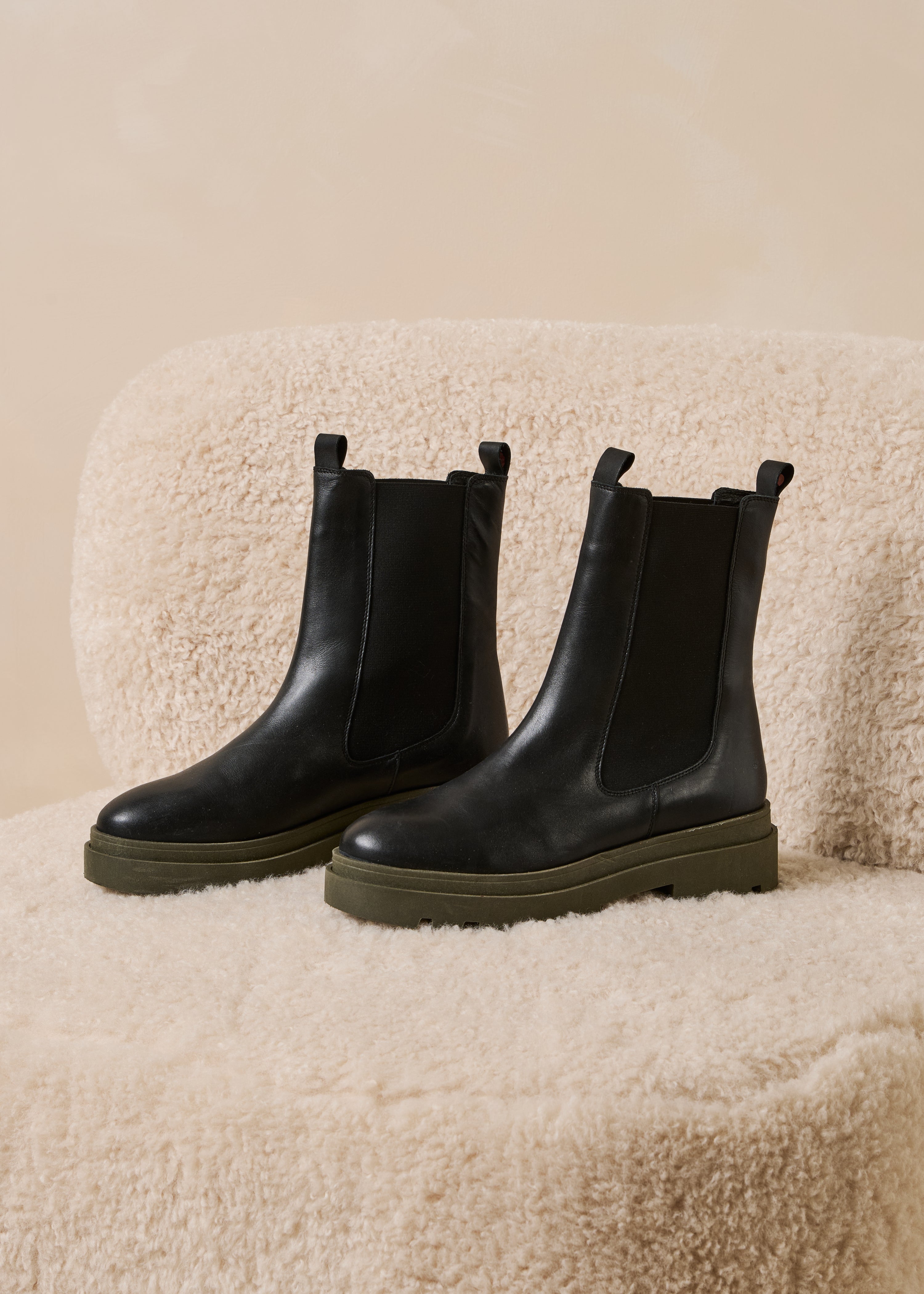 Black and khaki leather Chelsea ankle boots