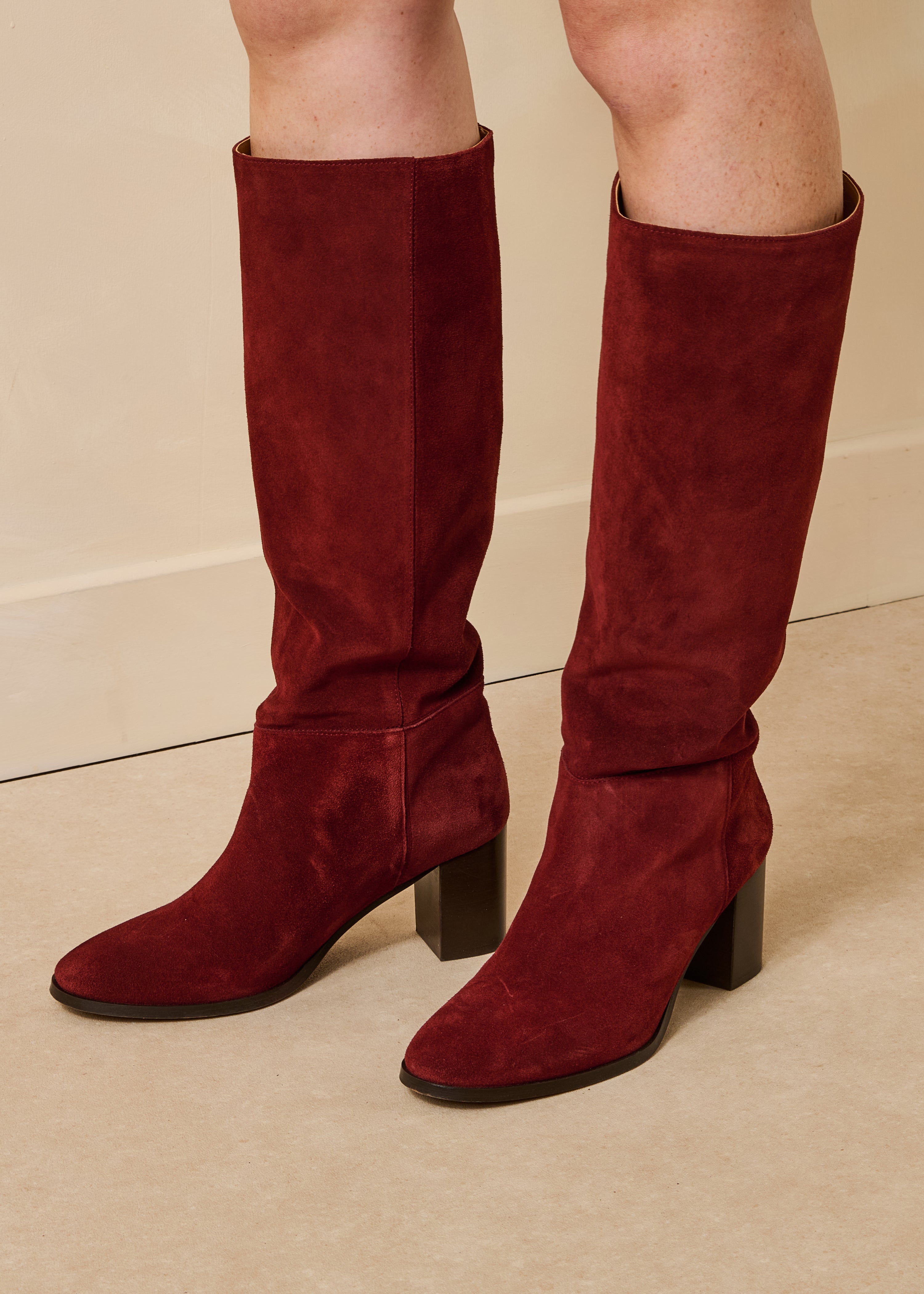 Burgundy suede leather heeled boots