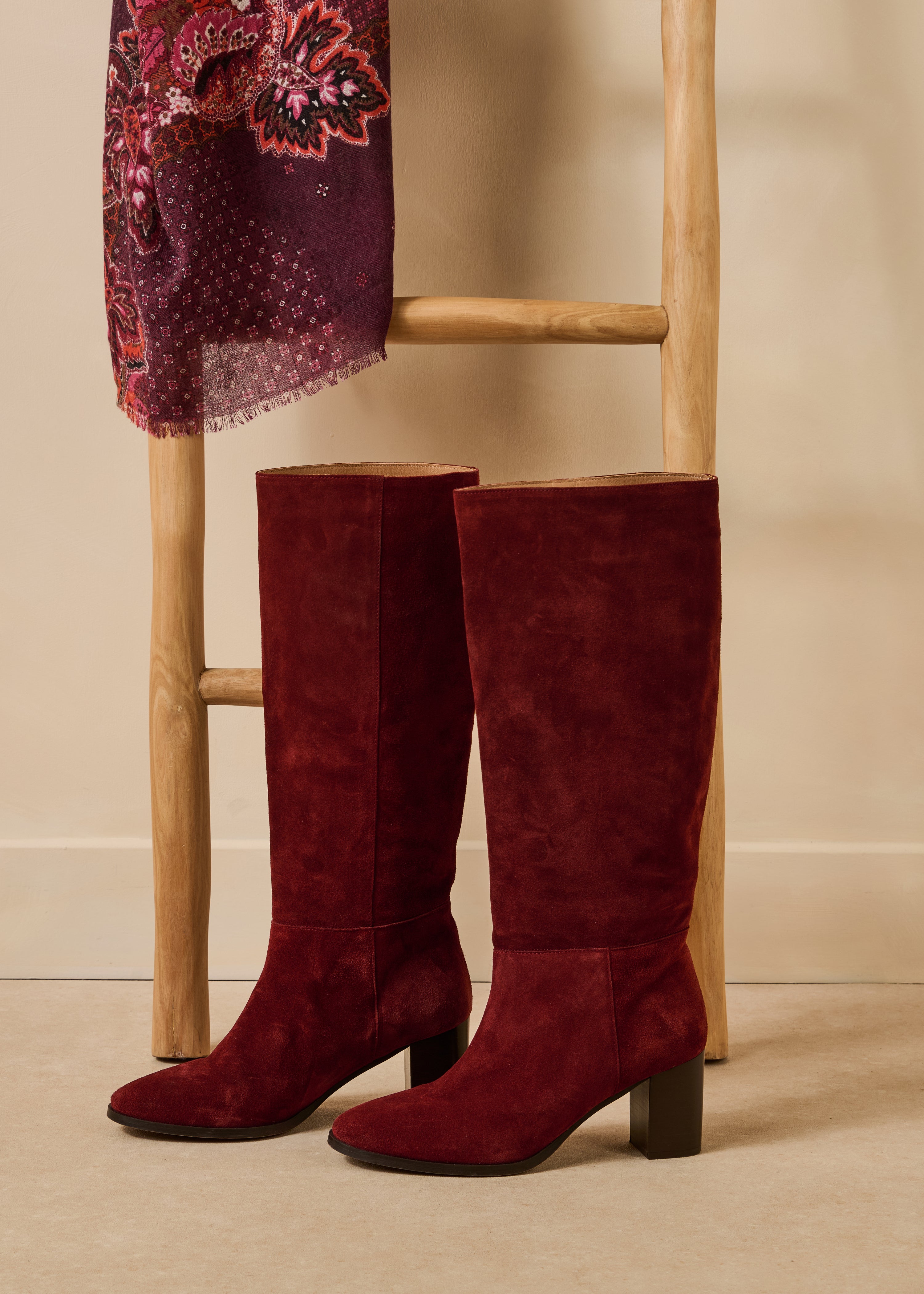 Burgundy suede leather heeled boots