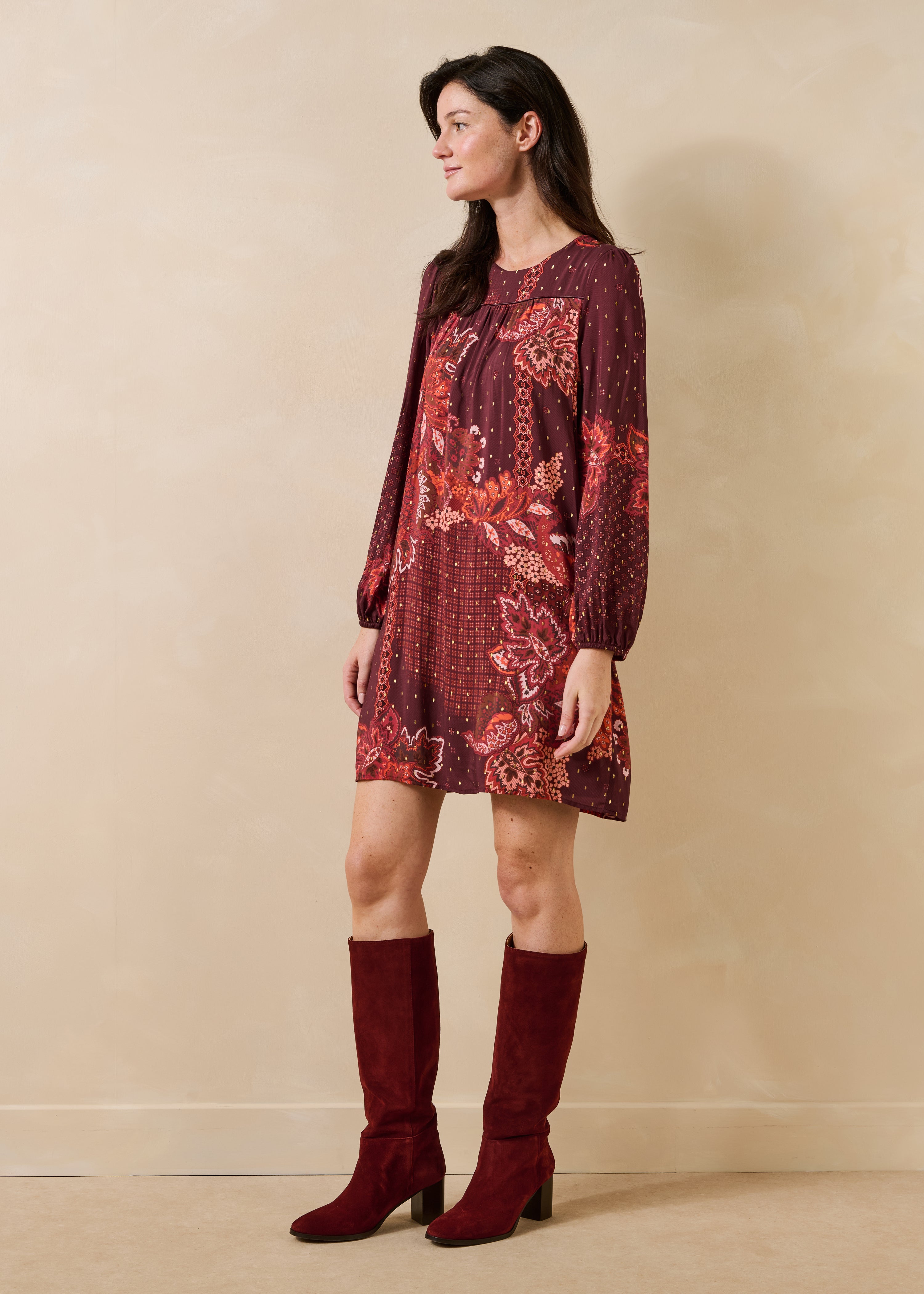 Burgundy suede leather heeled boots